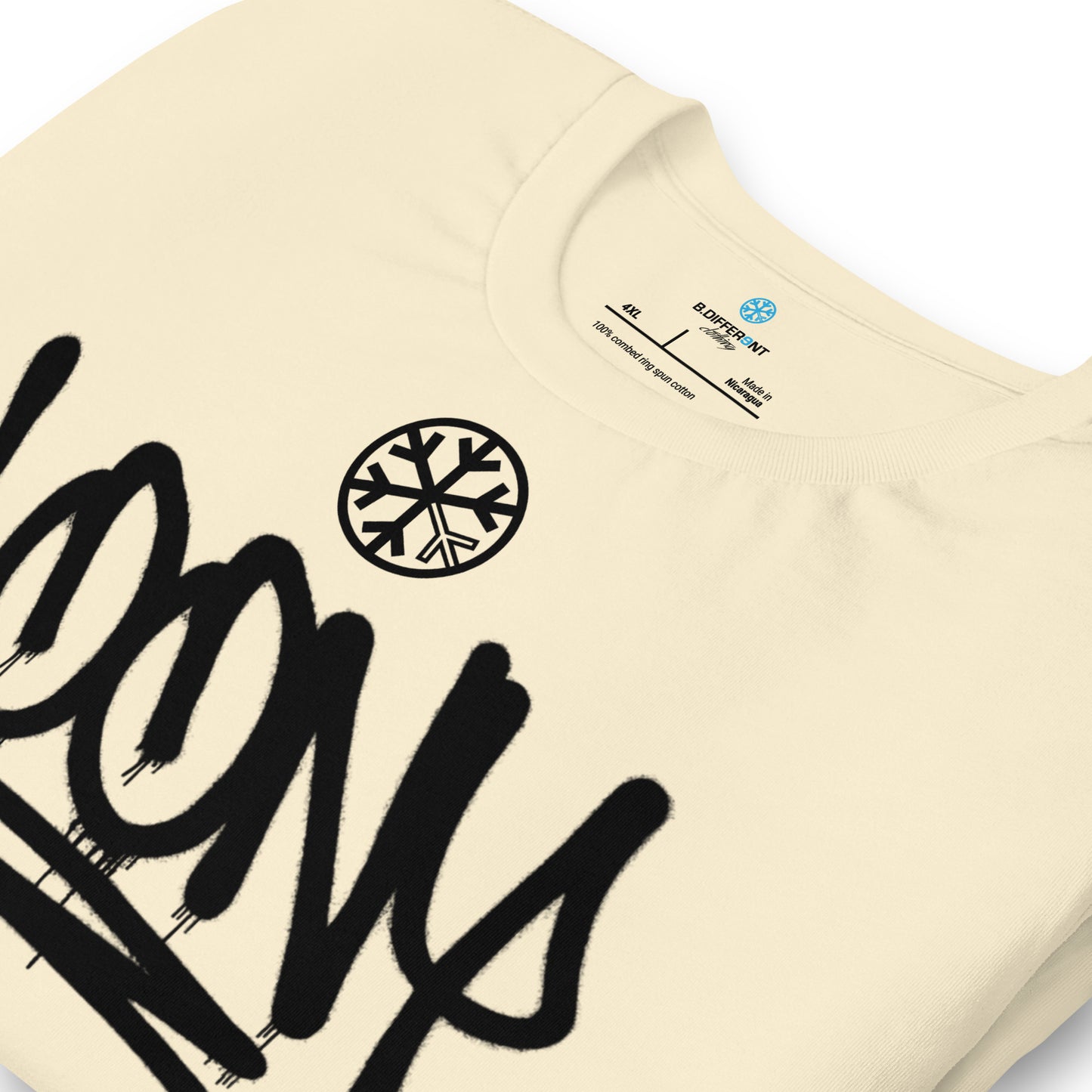 Beige-Loony Graffiti Tag Tee from B.Different Clothing, detail, graffiti-inspired streetwear t-shirt