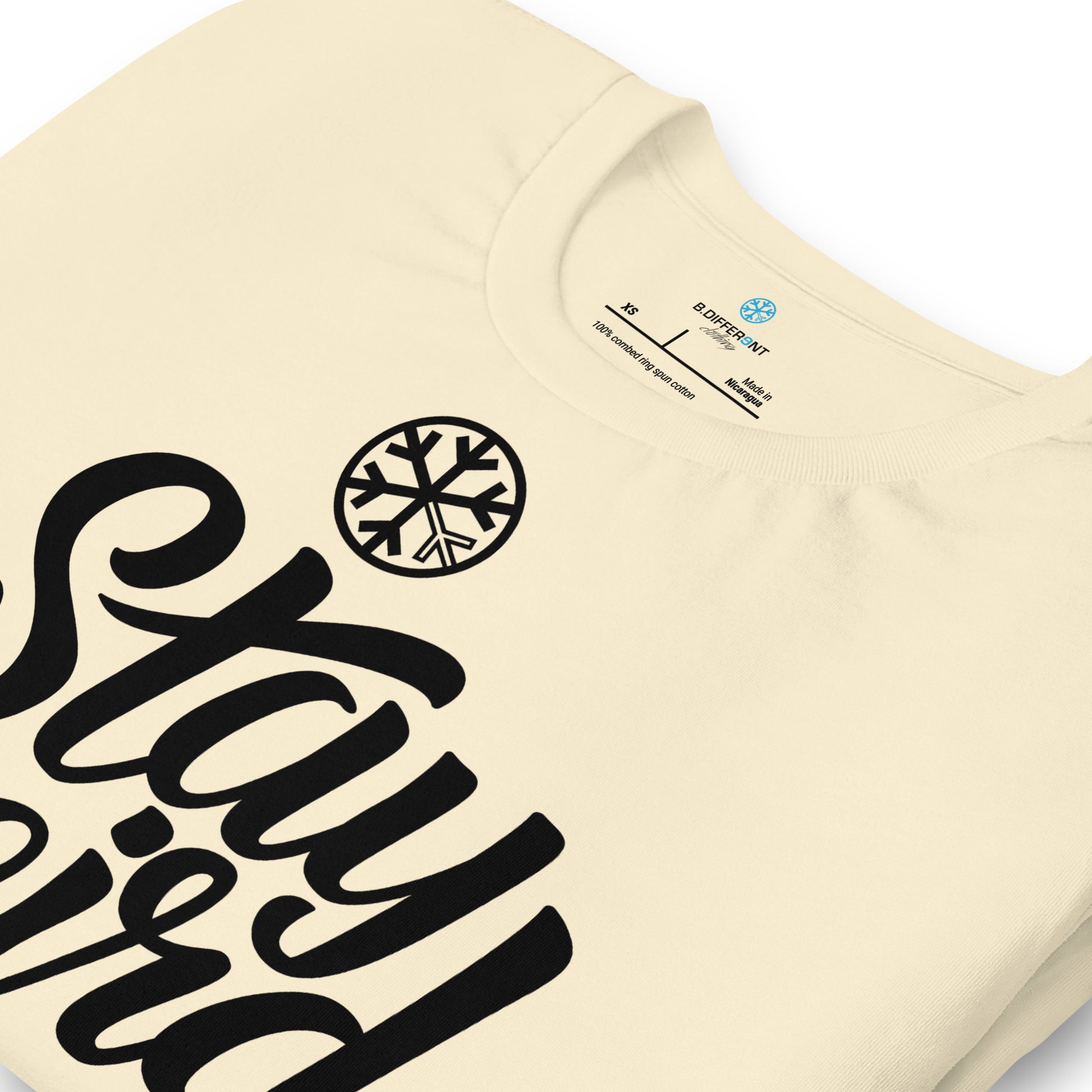 Beige-Stay Weird Tee from B.Different Clothing, detail, graffiti-inspired streetwear t-shirt