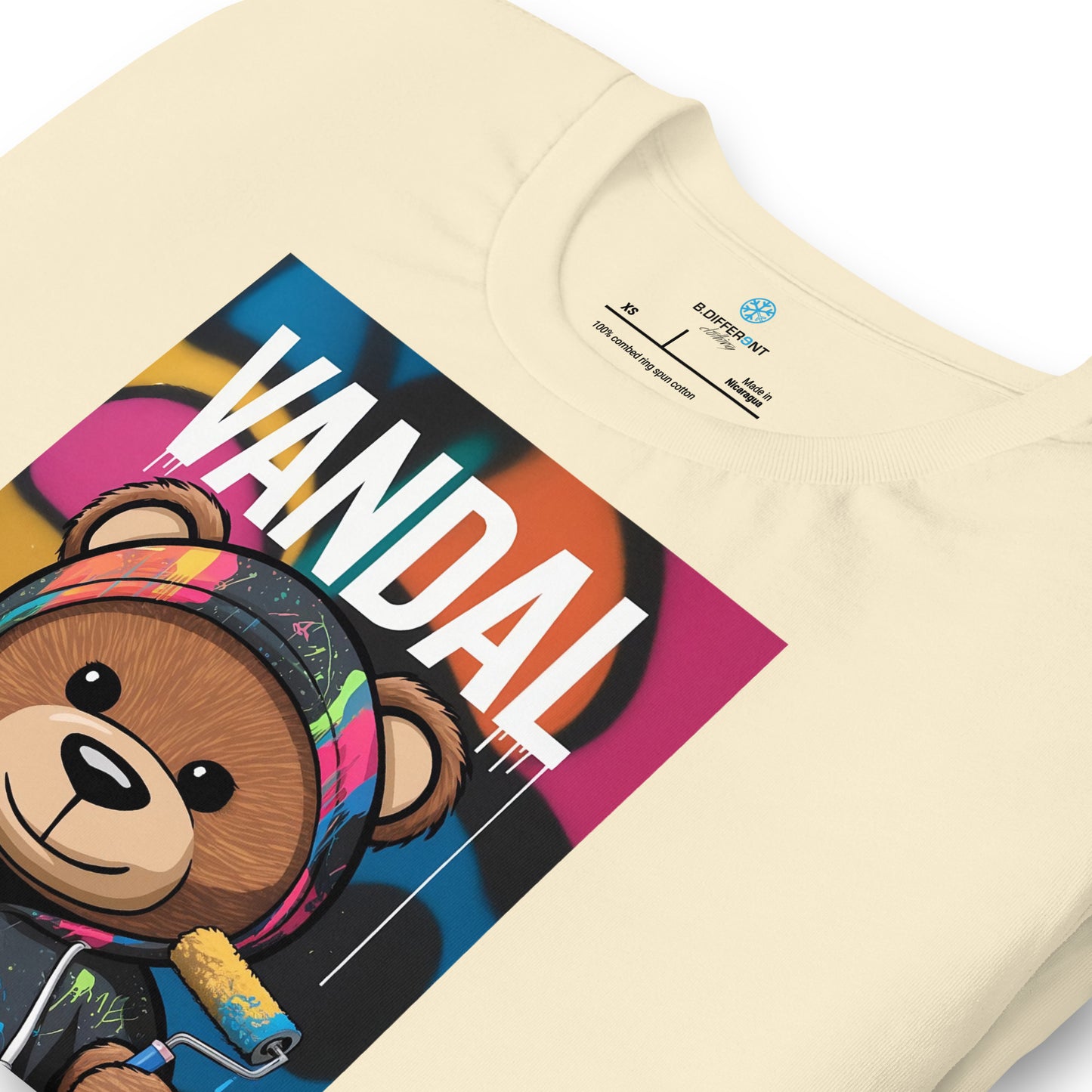Beige-Vandal Teddy Bear Graffiti Tee from B.Different Clothing, detail, graffiti-inspired streetwear