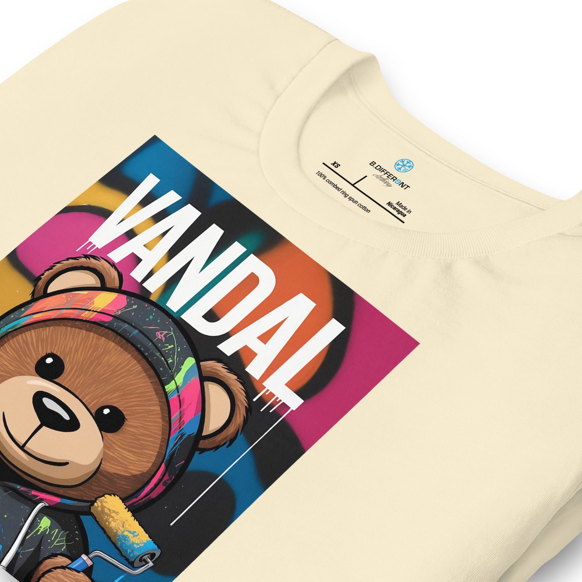 Beige-Vandal Teddy Bear Graffiti Tee from B.Different Clothing, detail, graffiti-inspired streetwear