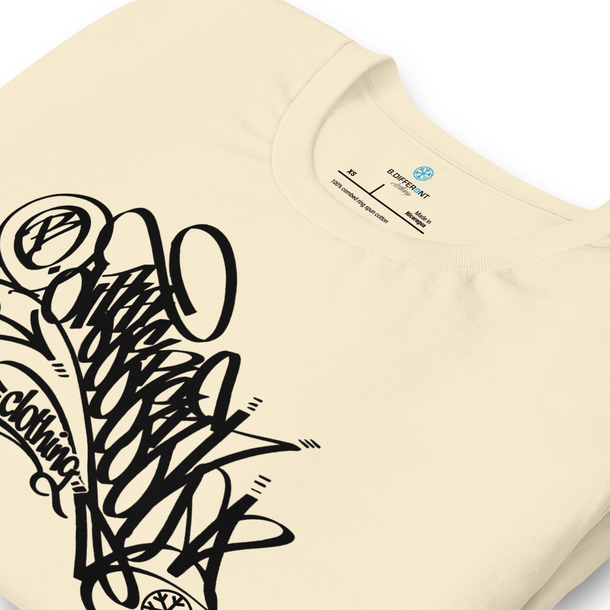 Beige-B.Different Clothing Graffiti Tag Tee from B.Different Clothing, detail, graffiti-inspired streetwear t-shirt