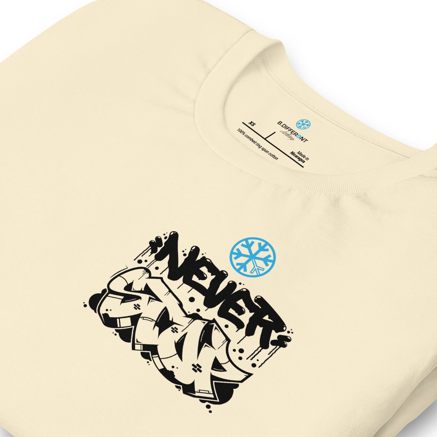 Beige-Never Stop Graffiti Character Tee from B.Different Clothing, detail, graffiti-inspired streetwear t-shirt