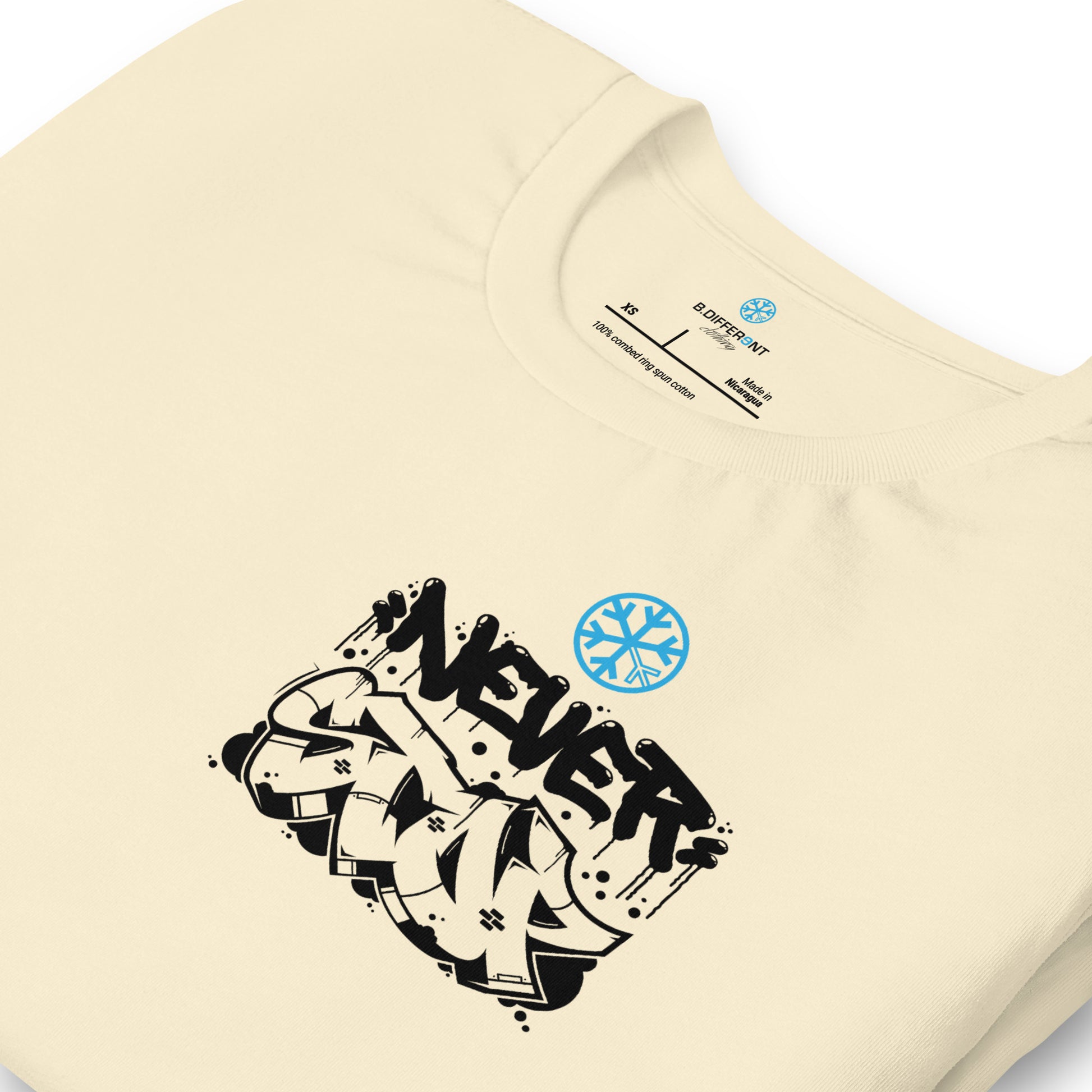 Beige-Never Stop Graffiti Character Tee from B.Different Clothing, detail, graffiti-inspired streetwear t-shirt
