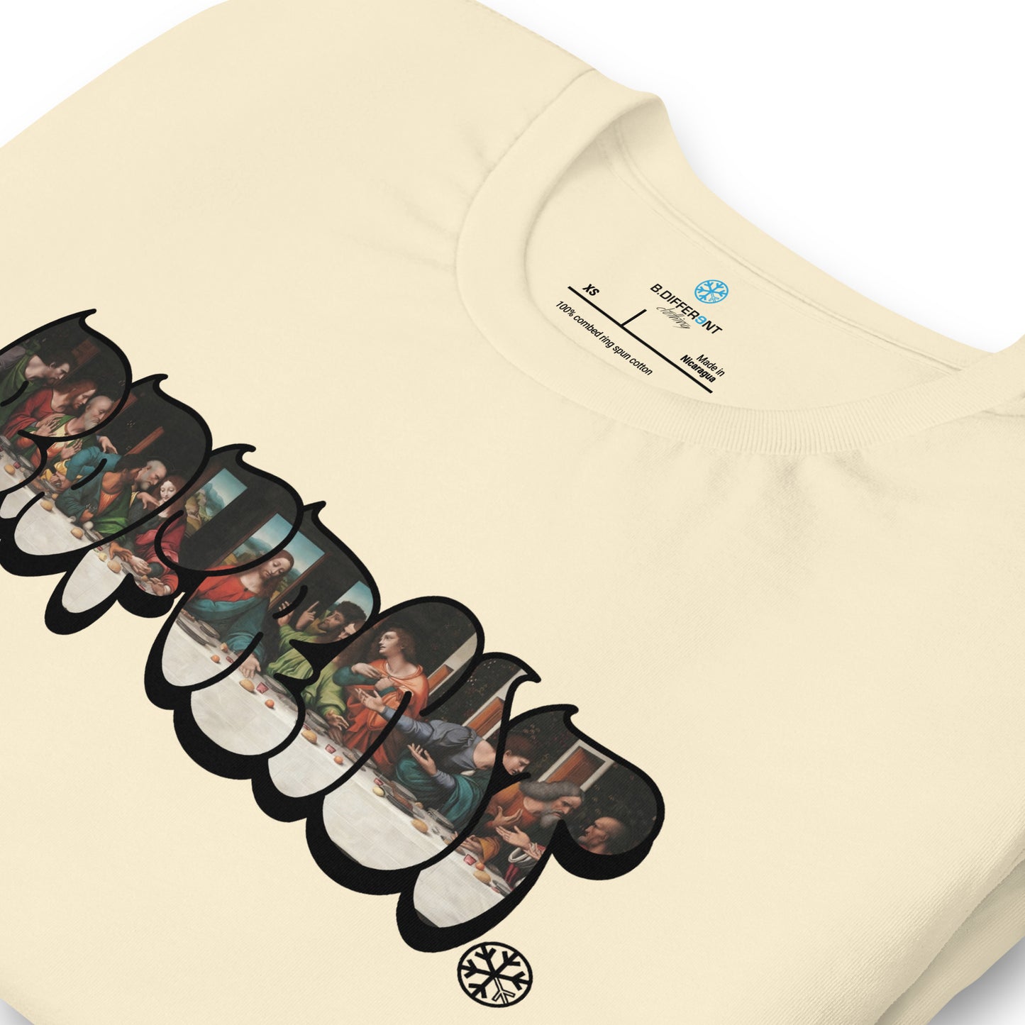 Beige-BDFRNT Throwie x Last Supper Graffiti Tee from B.Different Clothing, detail, graffiti-inspired streetwear t-shirt