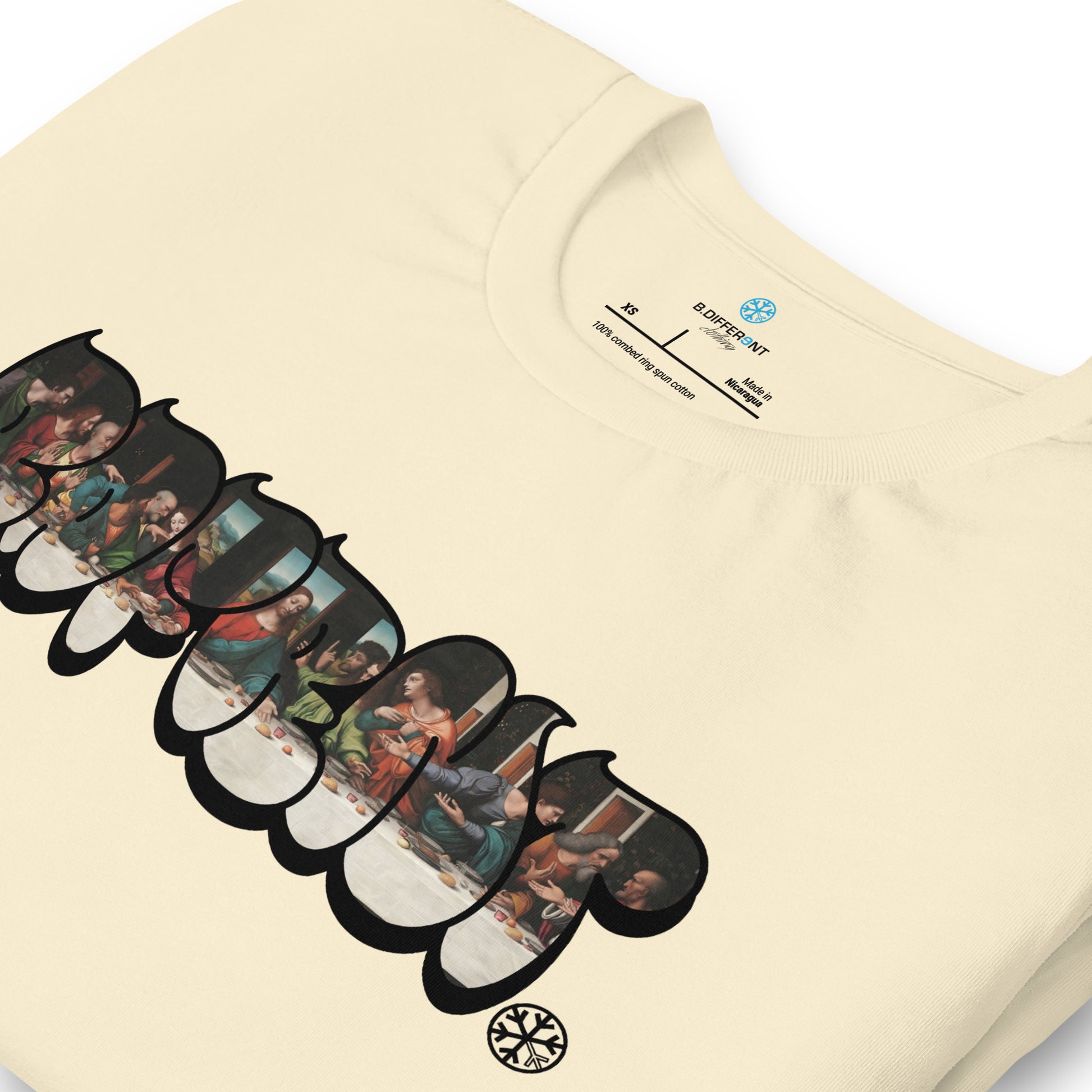 Beige-BDFRNT Throwie x Last Supper Graffiti Tee from B.Different Clothing, detail, graffiti-inspired streetwear t-shirt