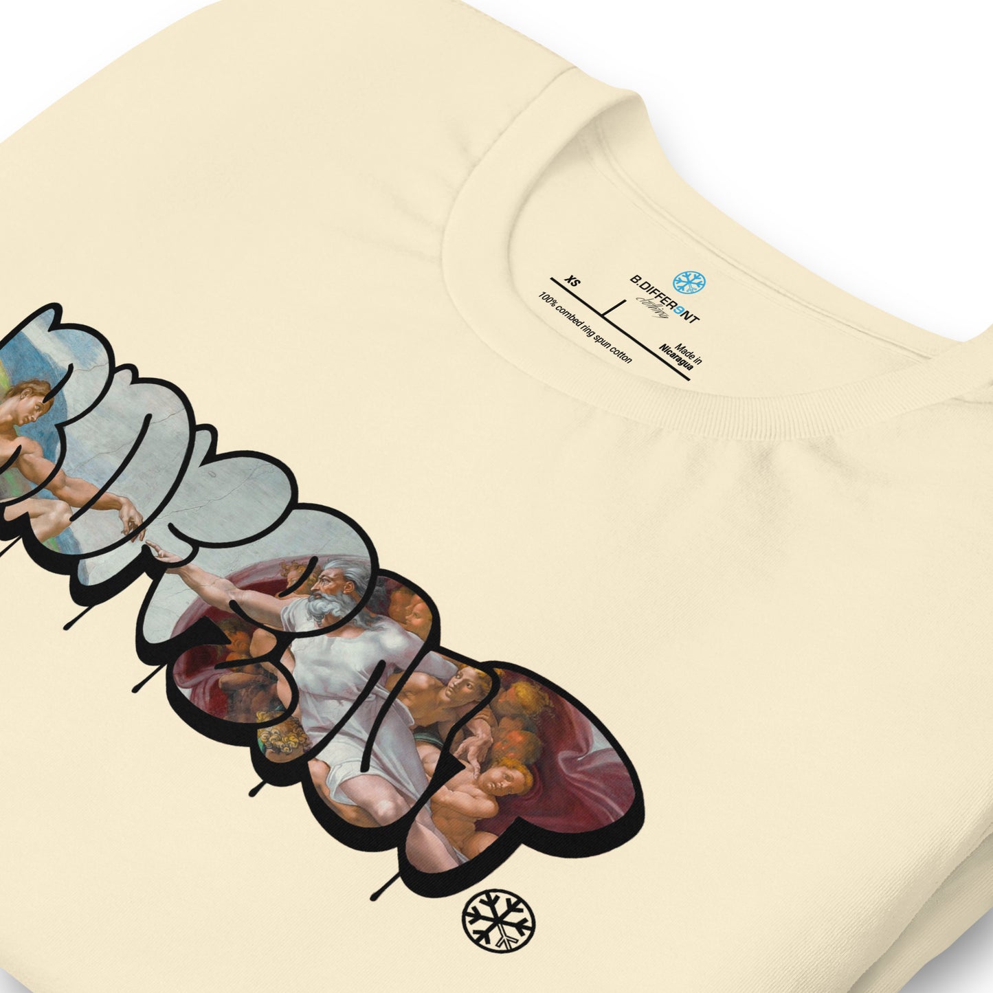 Beige-BDFRNT Throwie x Creation of Adam Graffiti Tee from B.Different Clothing, detail, graffiti-inspired streetwear t-shirt