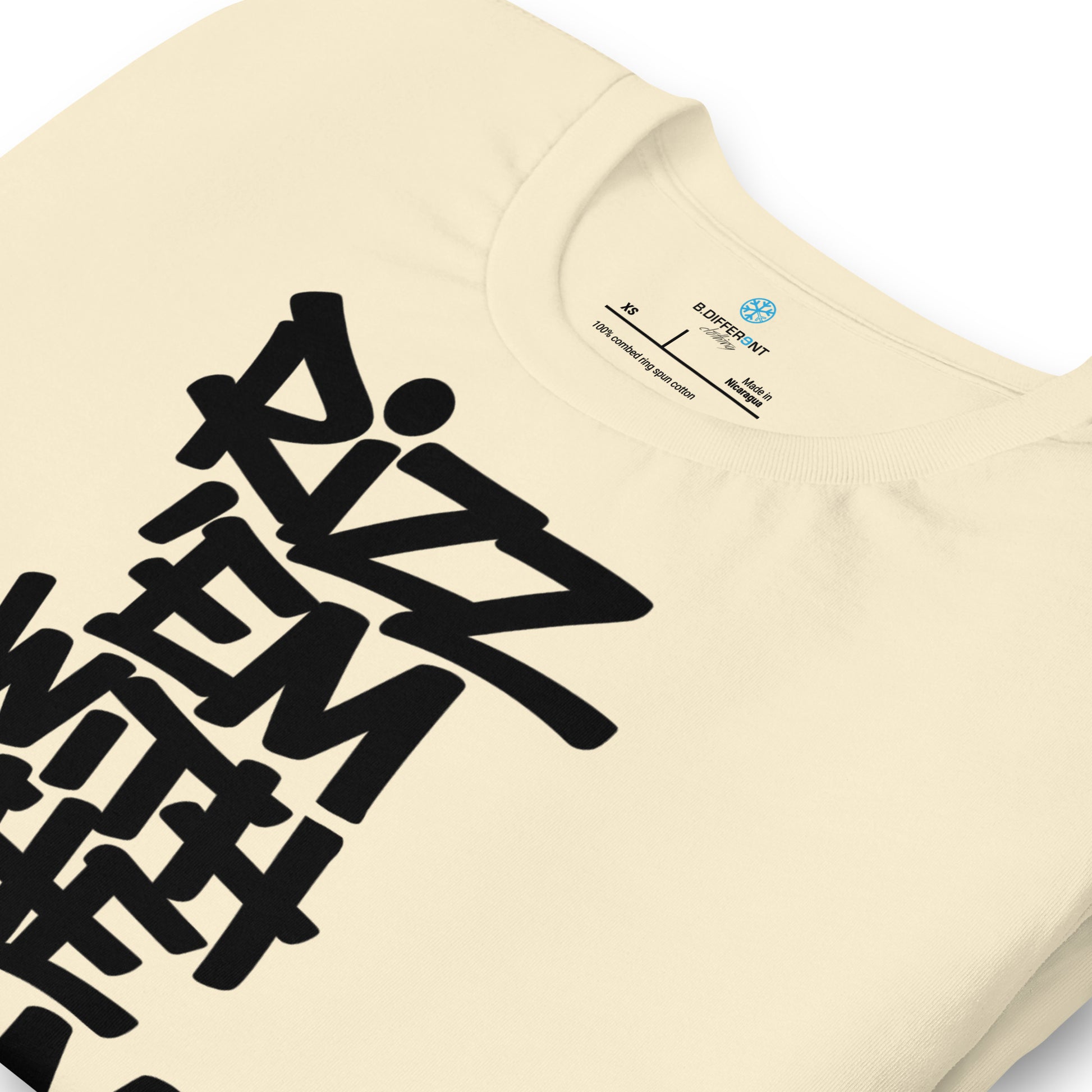 Beige-Rizz 'Em With The 'Tism Graffiti Tee from B.Different Clothing, detail, graffiti-inspired streetwear t-shirt
