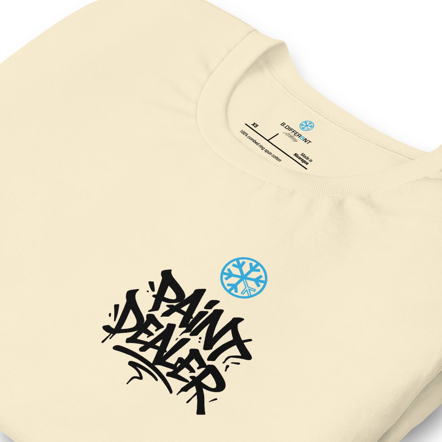 Beige-Paint Dealer Graffiti Character Tee from B.Different Clothing, detail, graffiti-inspired streetwear t-shirt