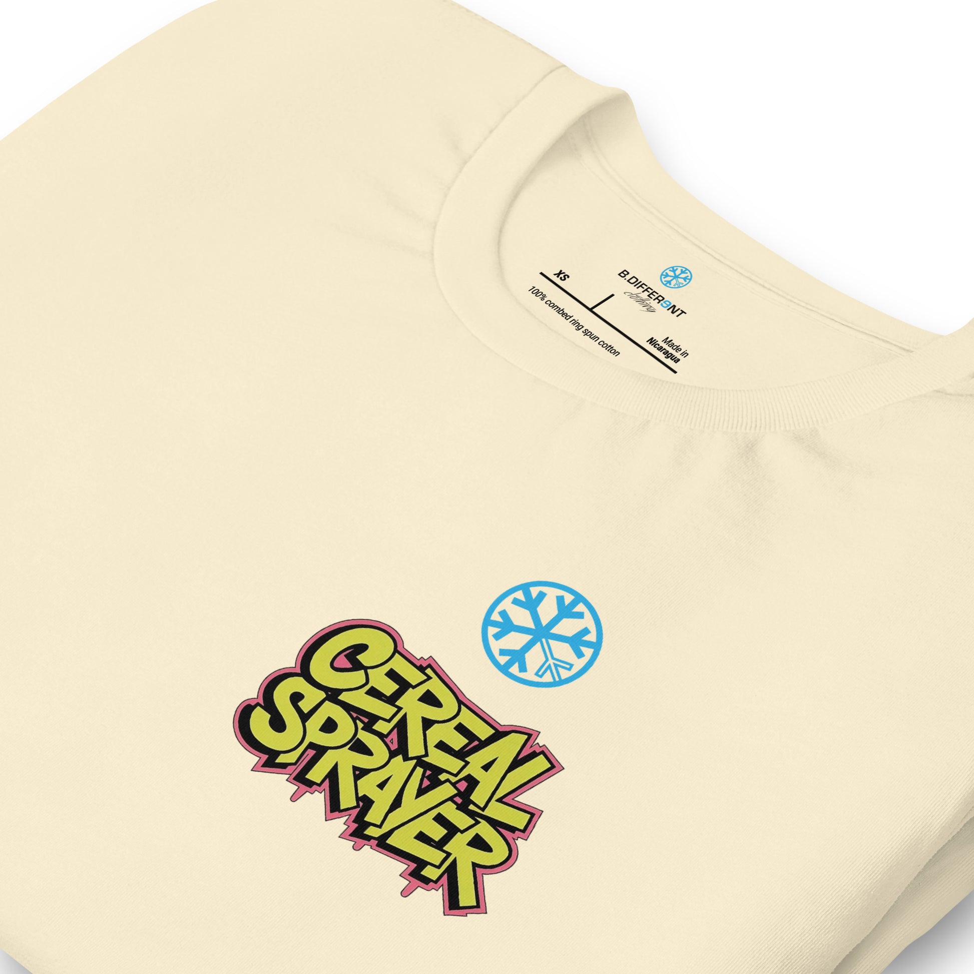 Beige-Cereal Sprayer Graffiti Tee from B.Different Clothing, detail, graffiti-inspired streetwear t-shirt