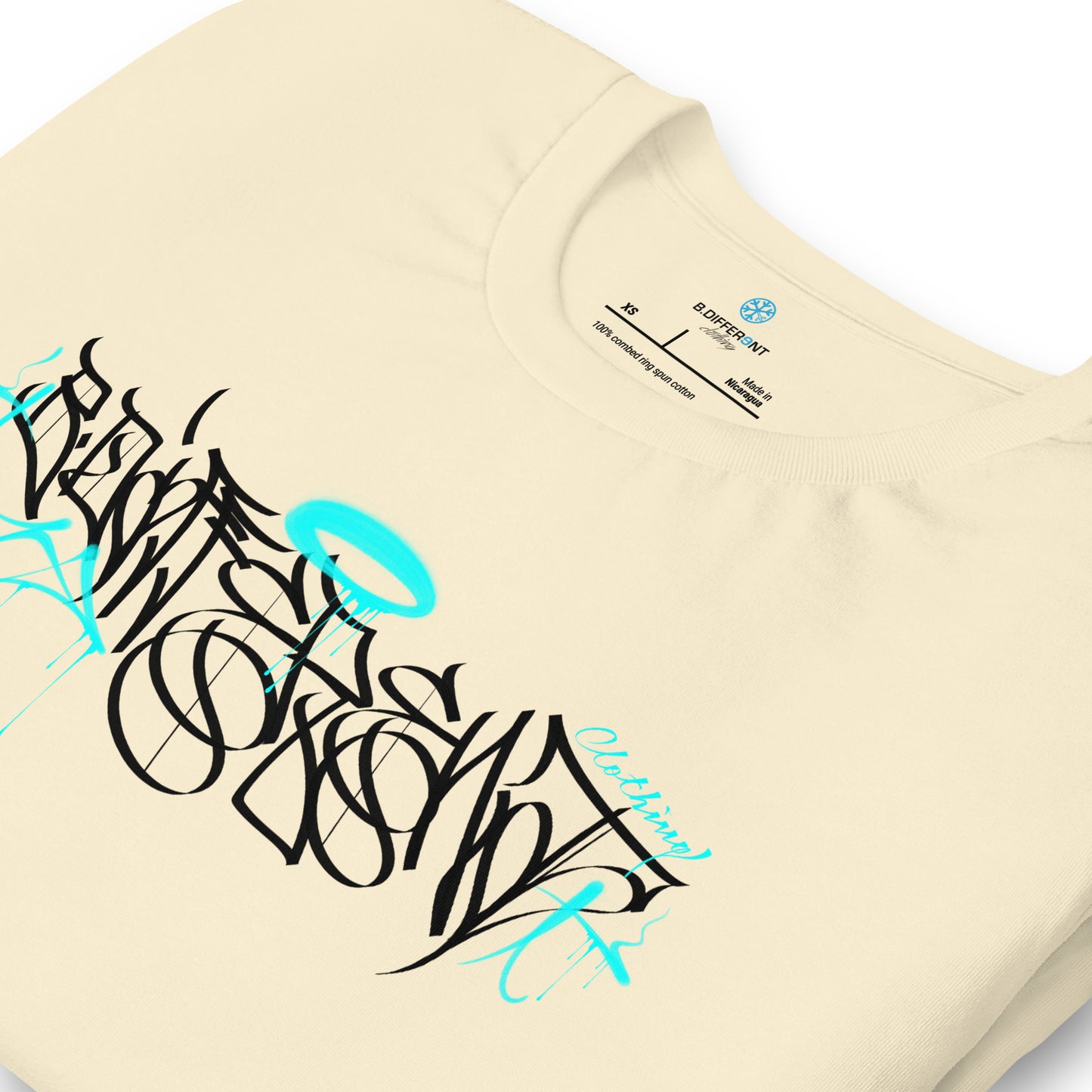 Beige-Caos One Collab Graffiti Tee from B.Different Clothing, detail, graffiti-inspired streetwear t-shirt