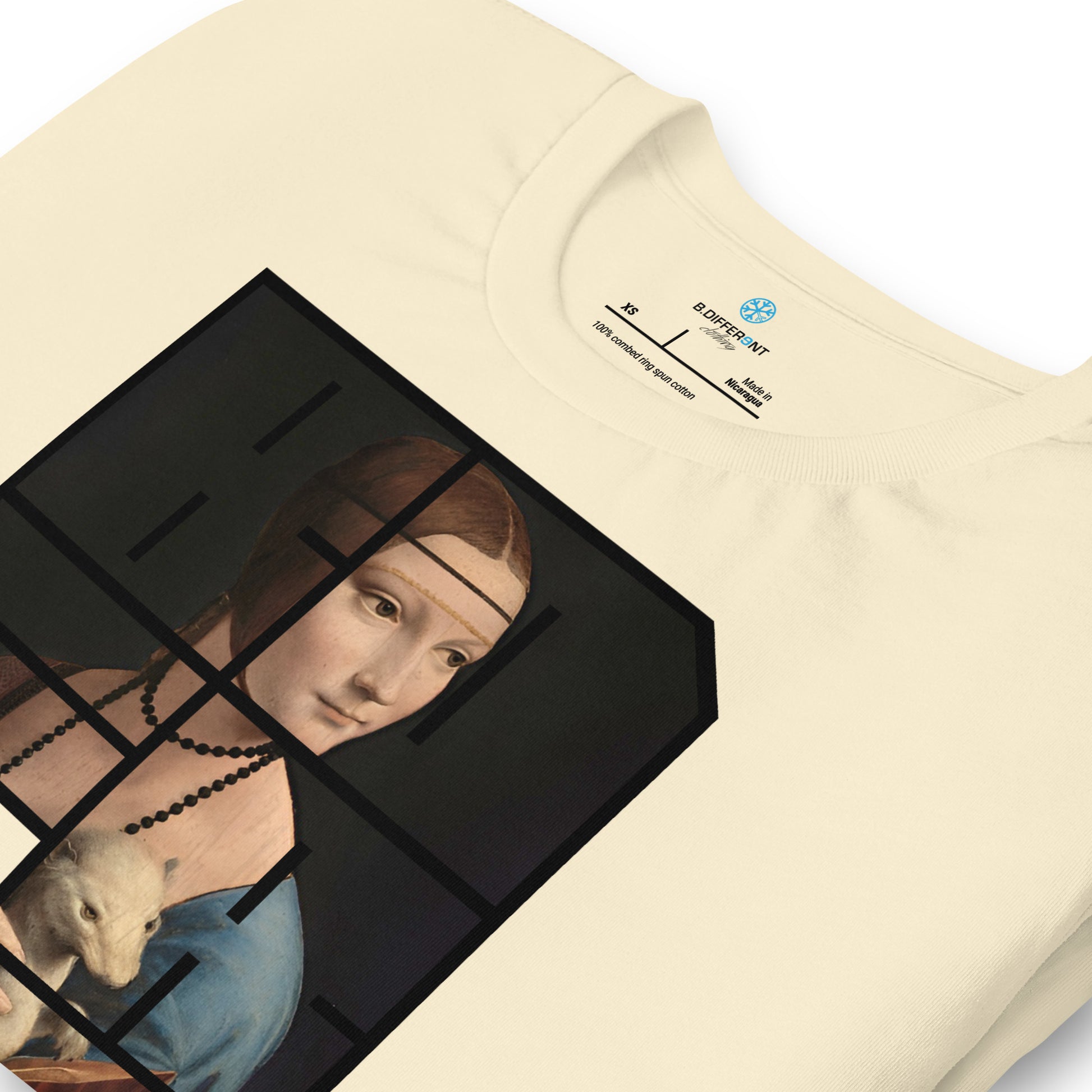 Beige-BDFRNT Blockbuster x Lady With Ermine Graffiti Tee from B.Different Clothing, detail, graffiti-inspired streetwear t-shirt