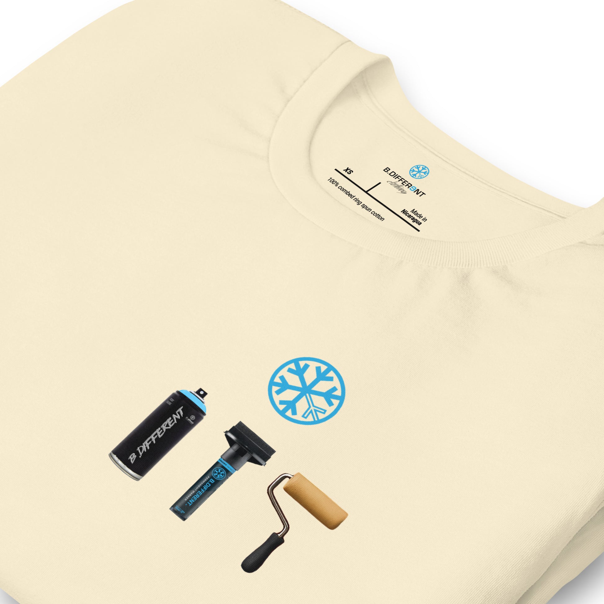 Beige-Graffiti Artist Action Figure Tee from B.Different Clothing, detail, graffiti-inspired streetwear t-shirt