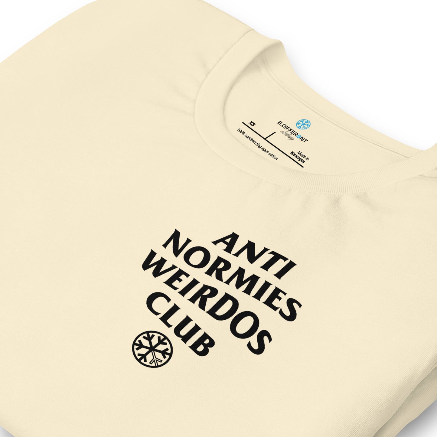 Beige-Anti Normies Weirdos Club Tee from B.Different Clothing, detail, graffiti-inspired streetwear t-shirt