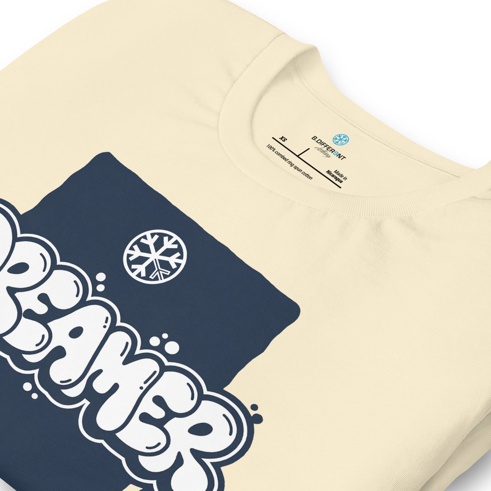Beige-Dreamer Graffiti Throw-up Tee from B.Different Clothing, detail, graffiti-inspired streetwear t-shirt