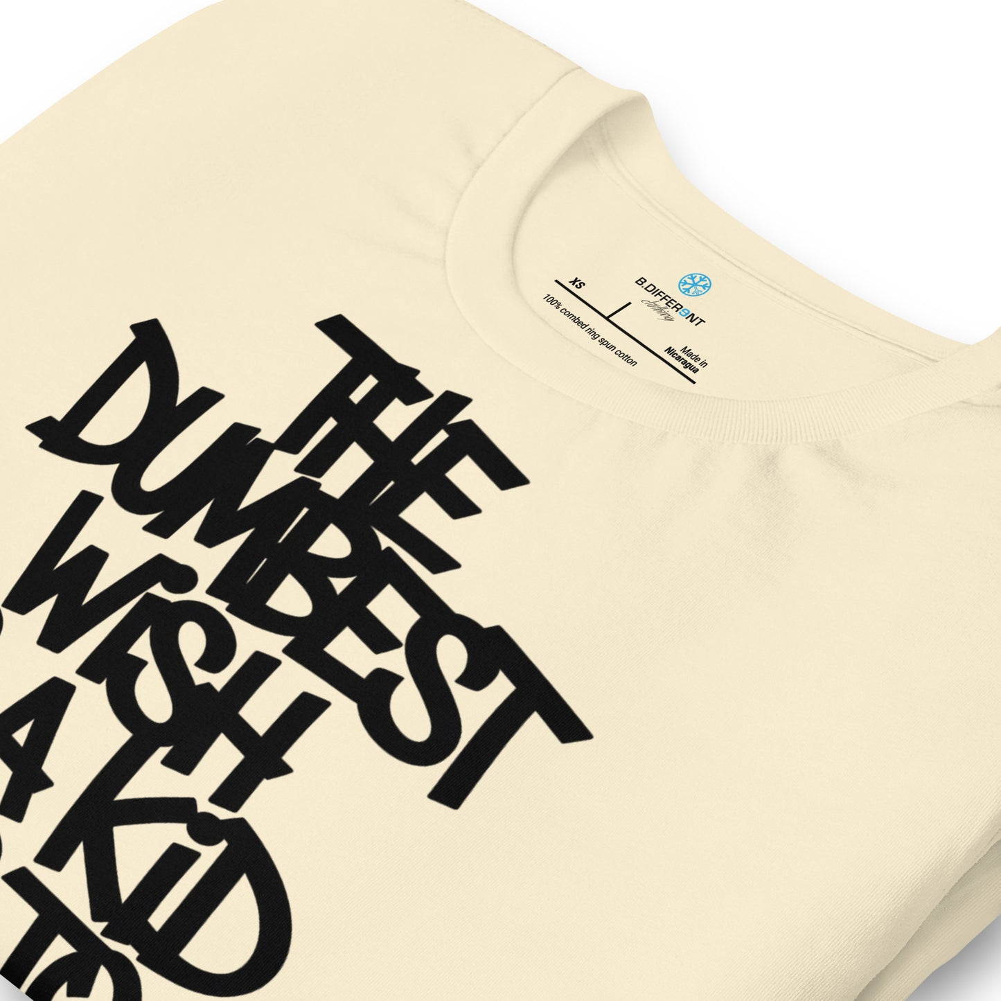 Beige-The Dumbest Wish Graffiti Tag Tee from B.Different Clothing, detail, graffiti-inspired streetwear t-shirt
