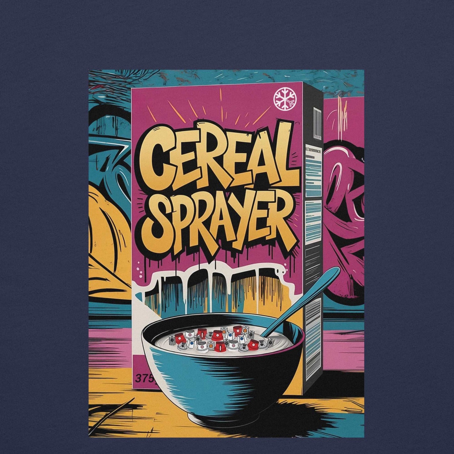 graphic of Cereal Sprayer Graffiti Tee navy B.Different Clothing graffiti street art inspired streetwear brand