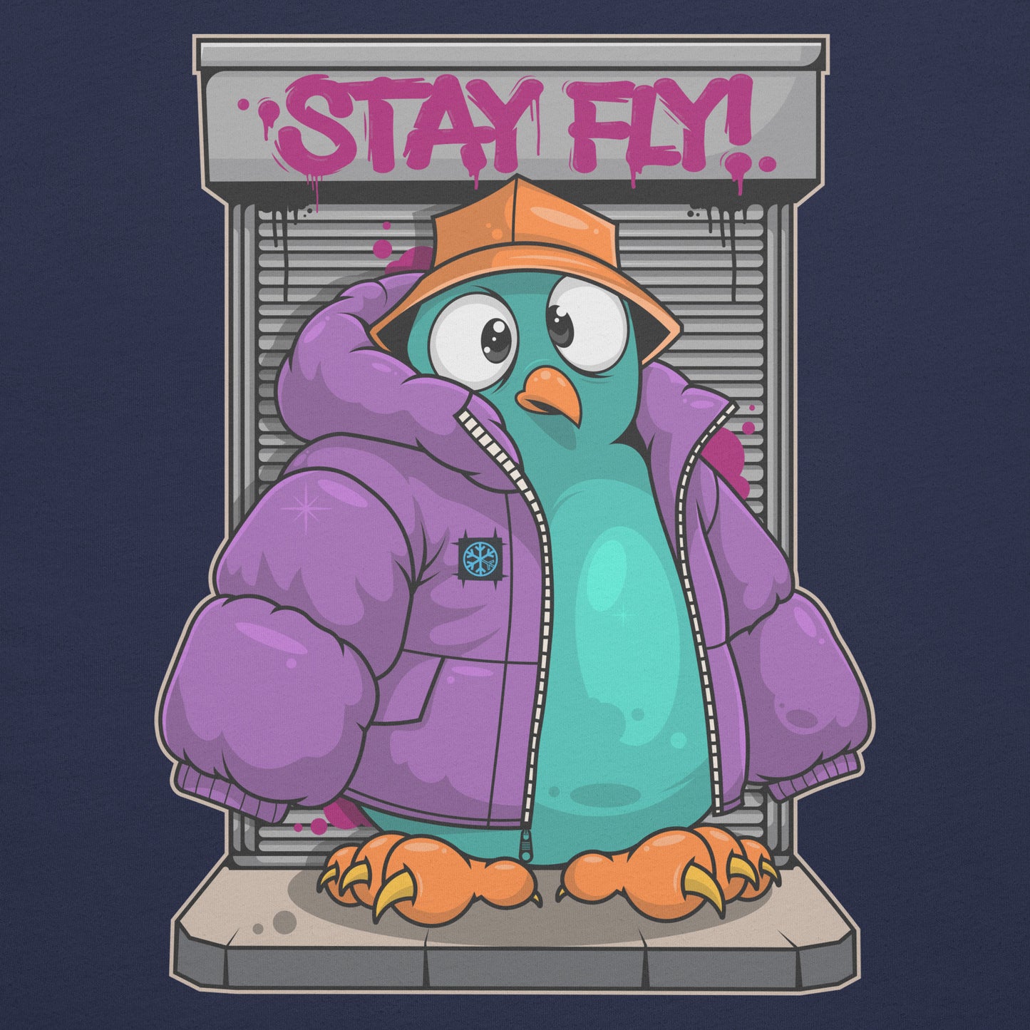 Navy-Stay Fly Graffiti Character Tee from B.Different Clothing, graphic, graffiti-inspired streetwear t-shirt