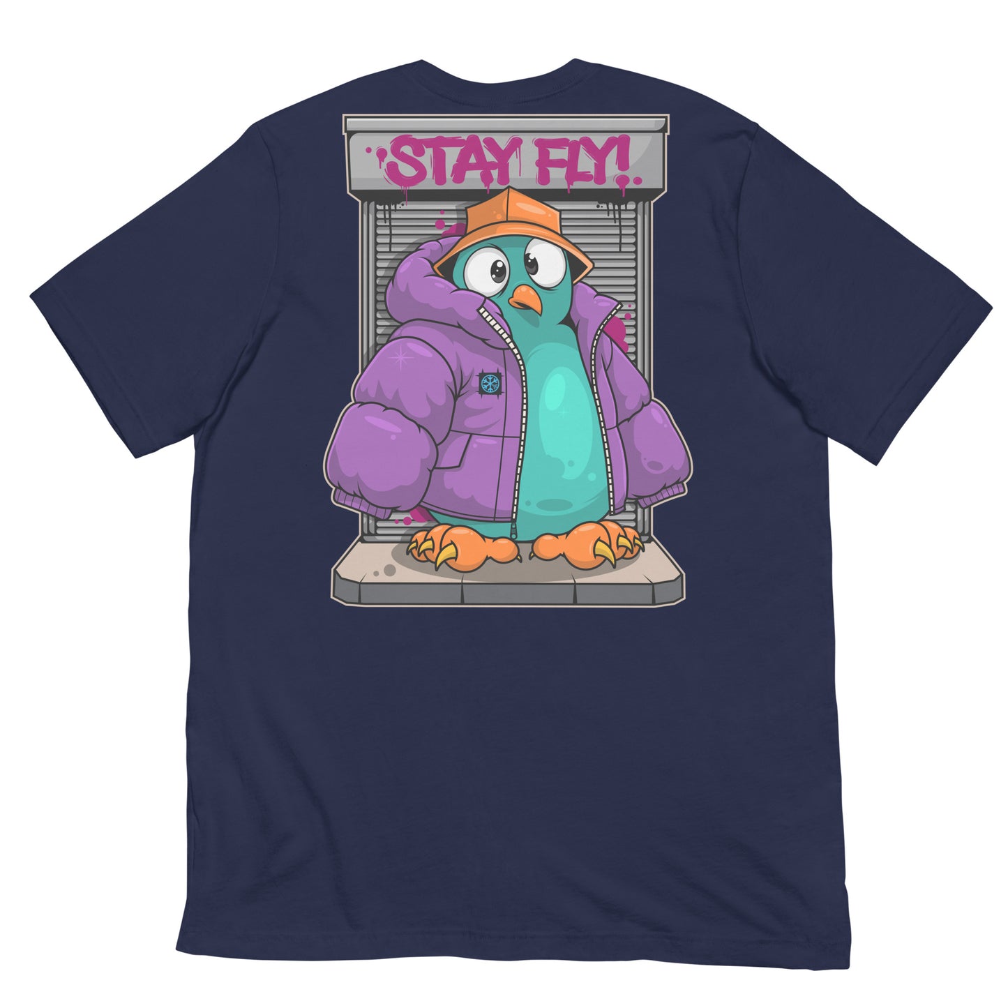 Navy-Stay Fly Graffiti Character Tee from B.Different Clothing, back view, graffiti-inspired streetwear t-shirt
