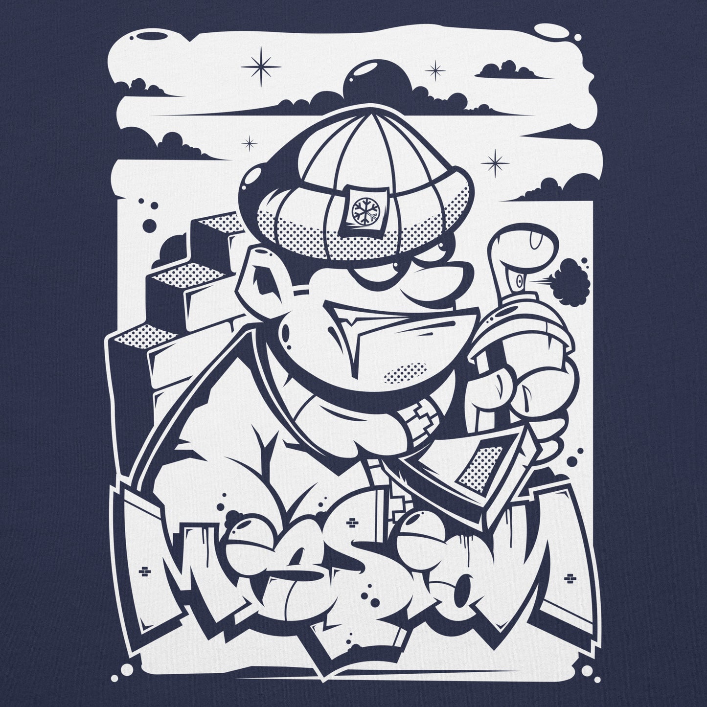Navy-Mission Graffiti Character Tee from B.Different Clothing, graphic, graffiti-inspired streetwear t-shirt
