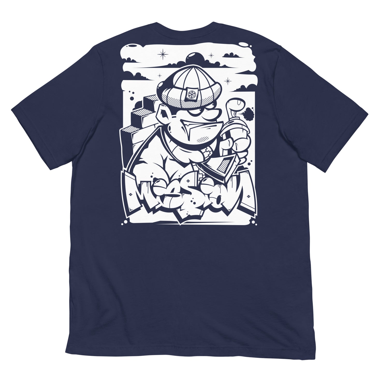 Navy-Mission Graffiti Character Tee from B.Different Clothing, back view, graffiti-inspired streetwear t-shirt