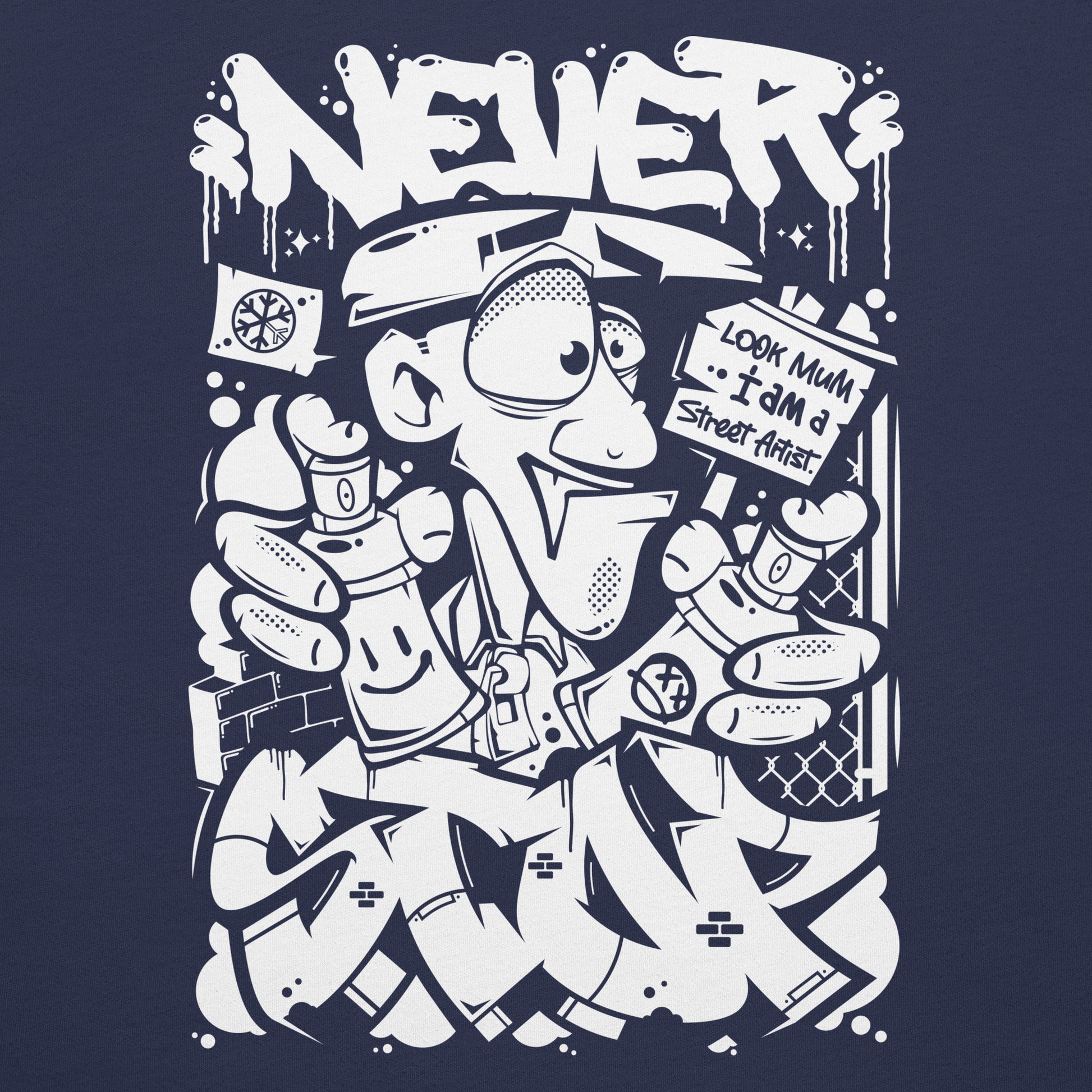 Navy-Never Stop Graffiti Character Tee from B.Different Clothing, graphic, graffiti-inspired streetwear t-shirt