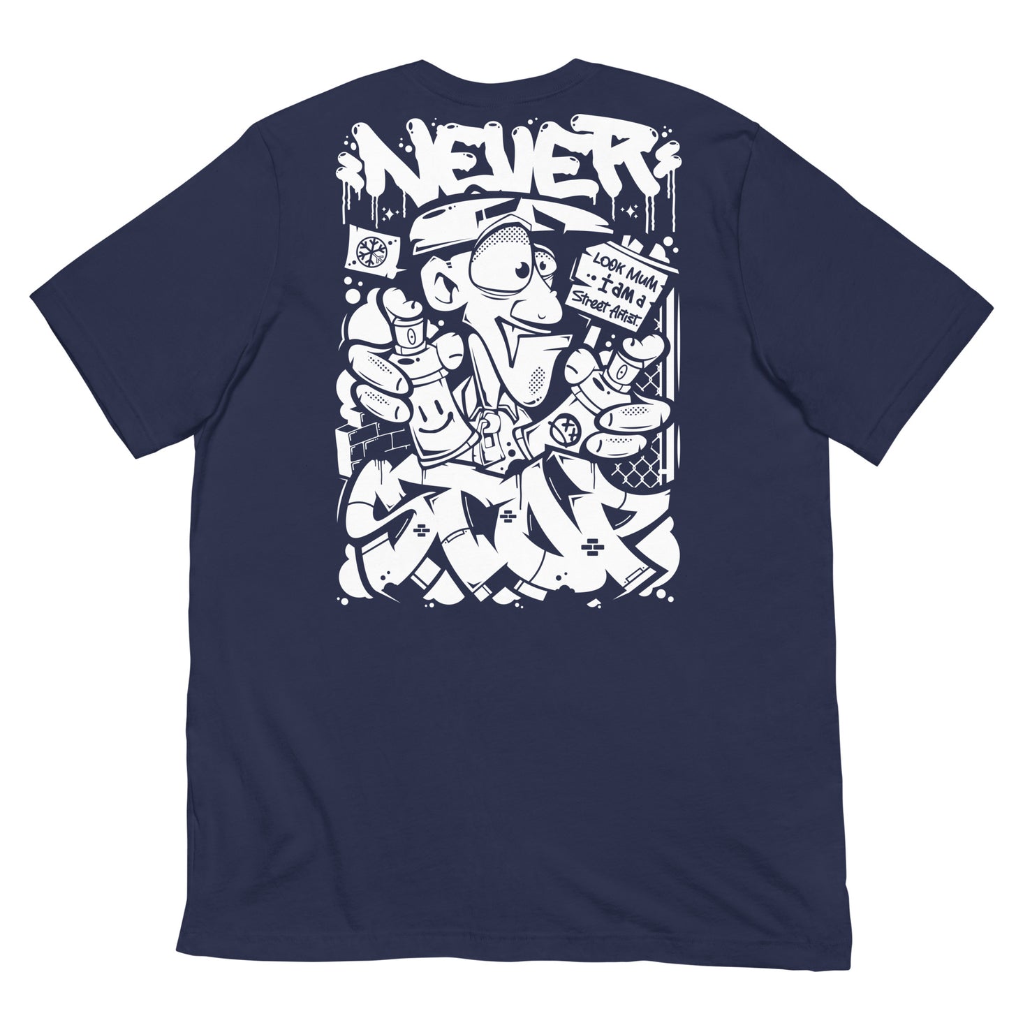 Navy-Never Stop Graffiti Character Tee from B.Different Clothing, back view, graffiti-inspired streetwear t-shirt