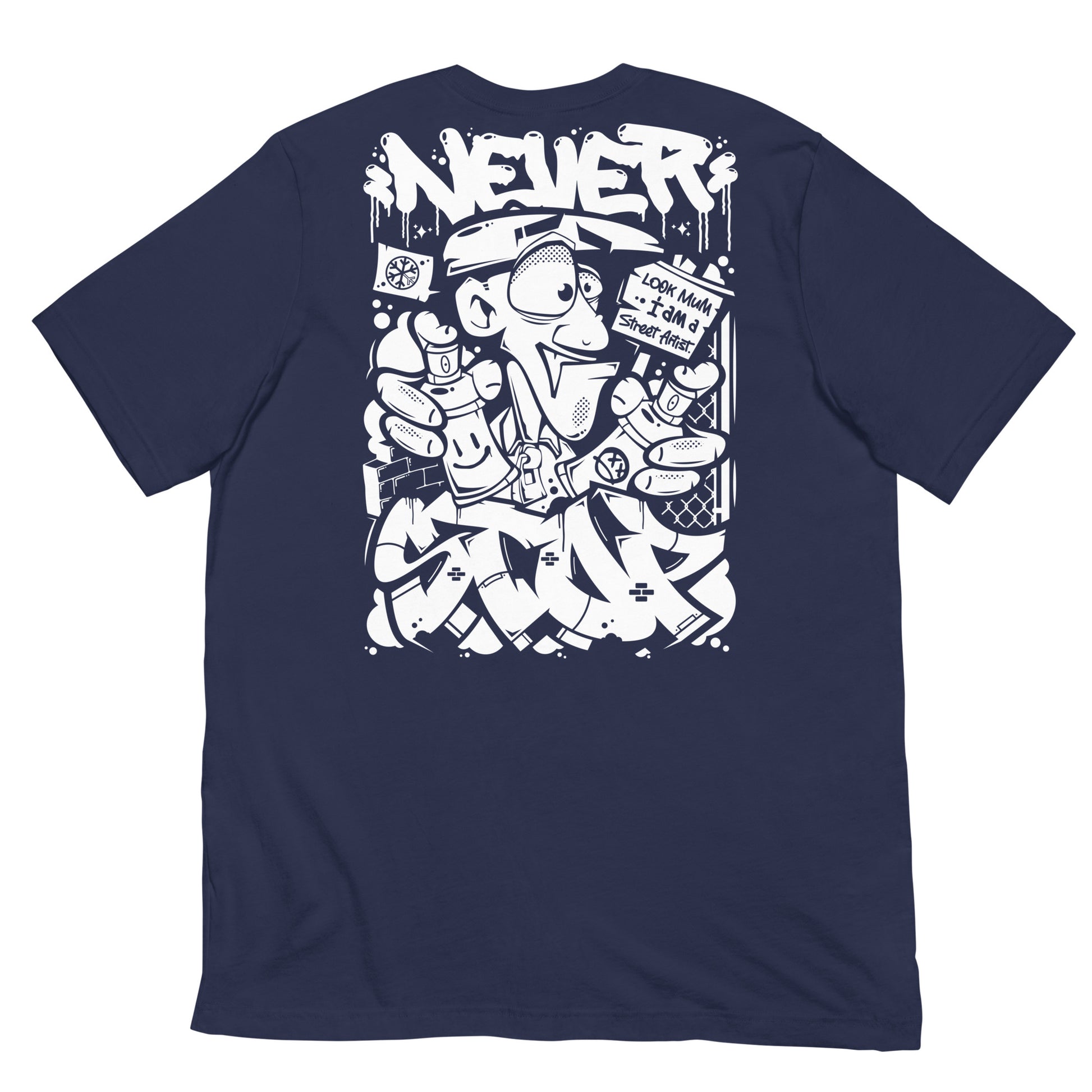 Navy-Never Stop Graffiti Character Tee from B.Different Clothing, back view, graffiti-inspired streetwear t-shirt