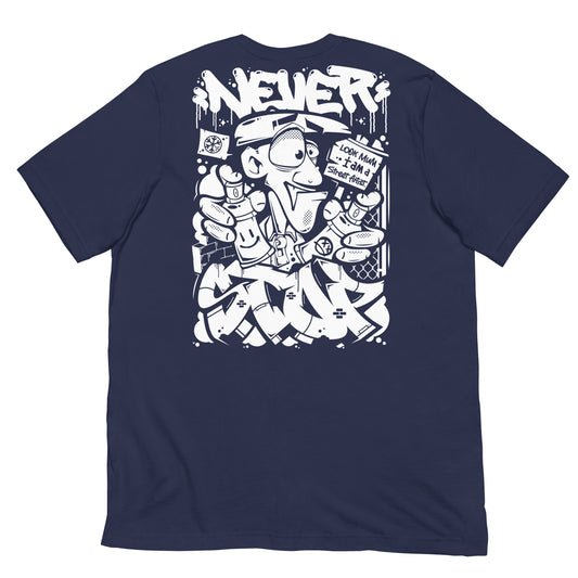 Navy-Never Stop Graffiti Character Tee from B.Different Clothing, back view, graffiti-inspired streetwear t-shirt