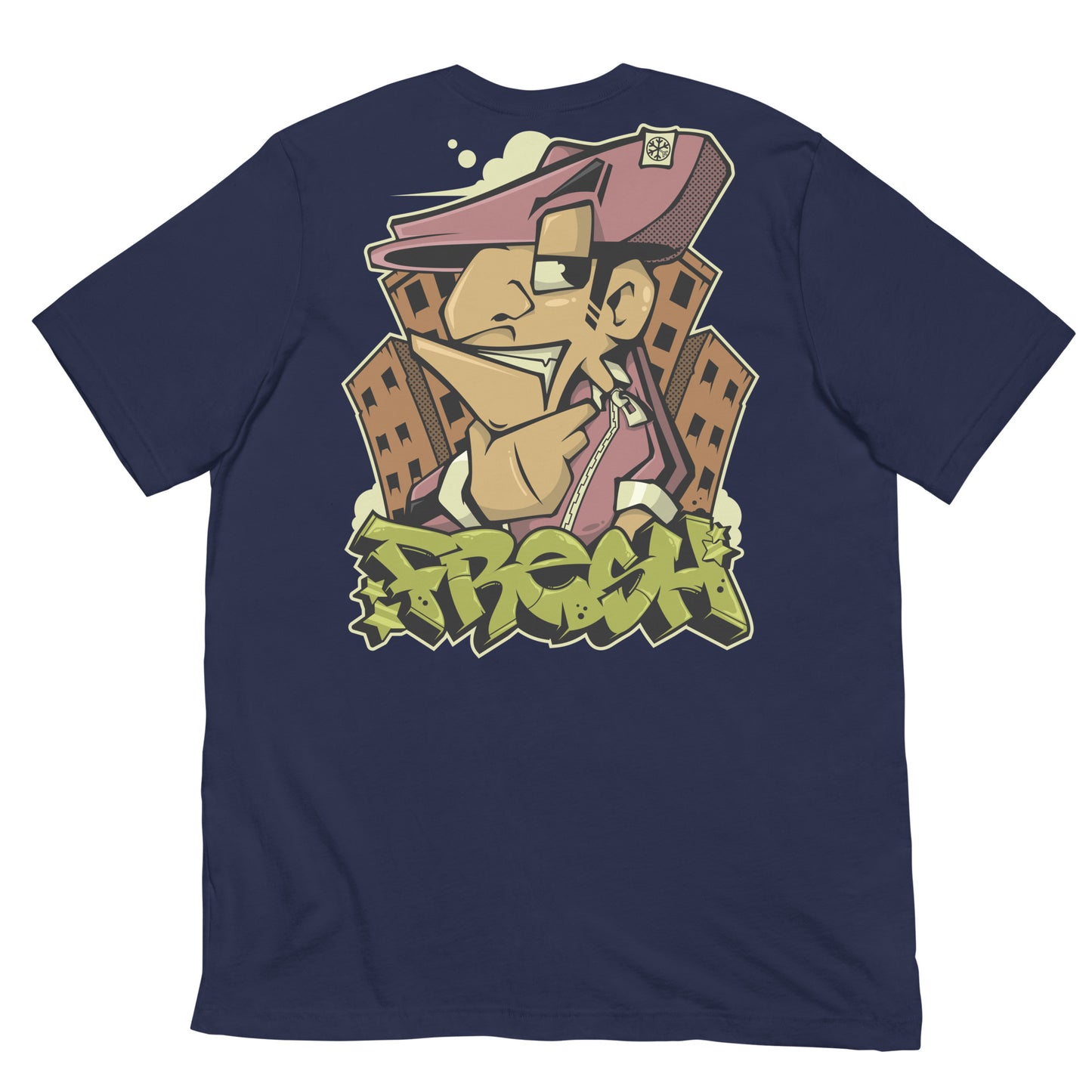 Navy-Fresh Graffiti Character Tee from B.Different Clothing, back view, graffiti-inspired streetwear t-shirt