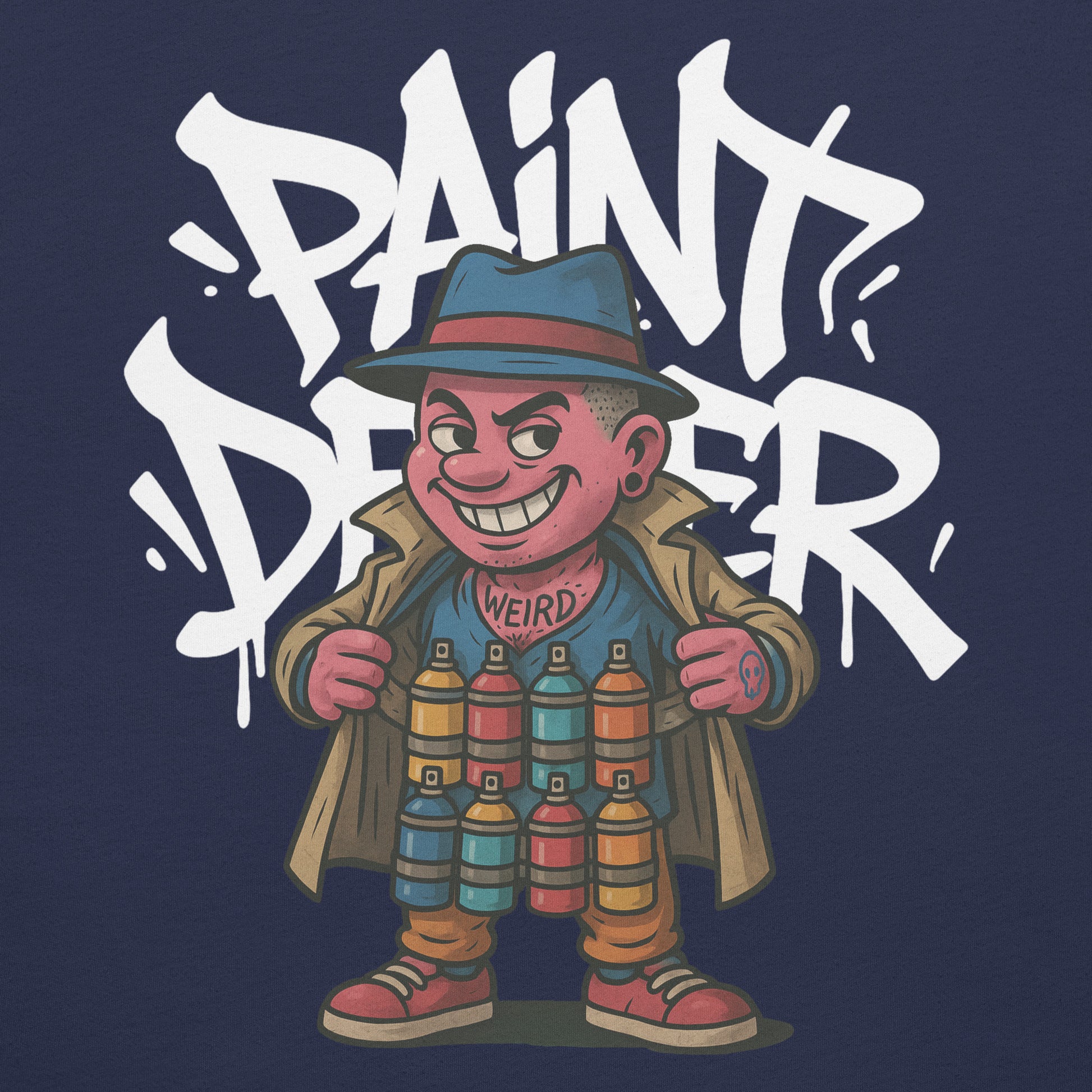 Navy-Paint Dealer Graffiti Character Tee from B.Different Clothing, graphic, graffiti-inspired streetwear t-shirt
