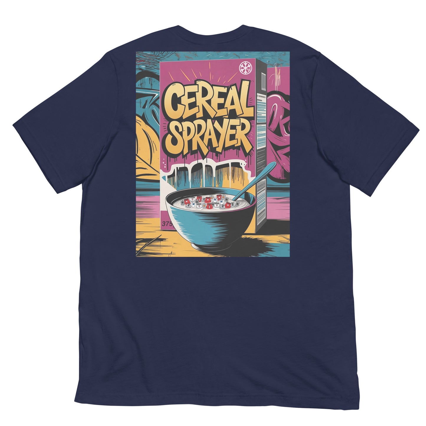 Navy-Cereal Sprayer Graffiti Tee from B.Different Clothing, back view, graffiti-inspired streetwear t-shirt