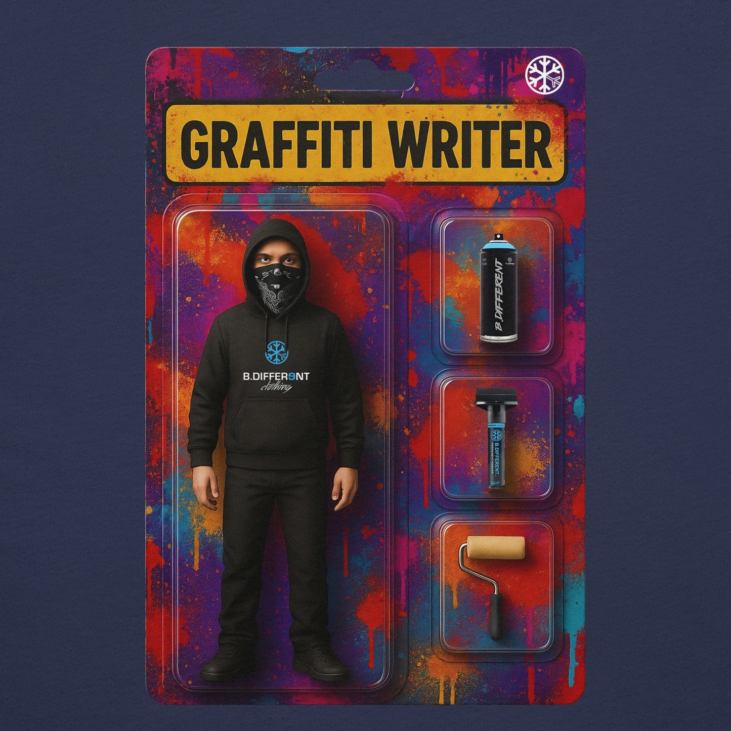 Navy-Graffiti Artist Action Figure Tee from B.Different Clothing, graphic, graffiti-inspired streetwear t-shirt