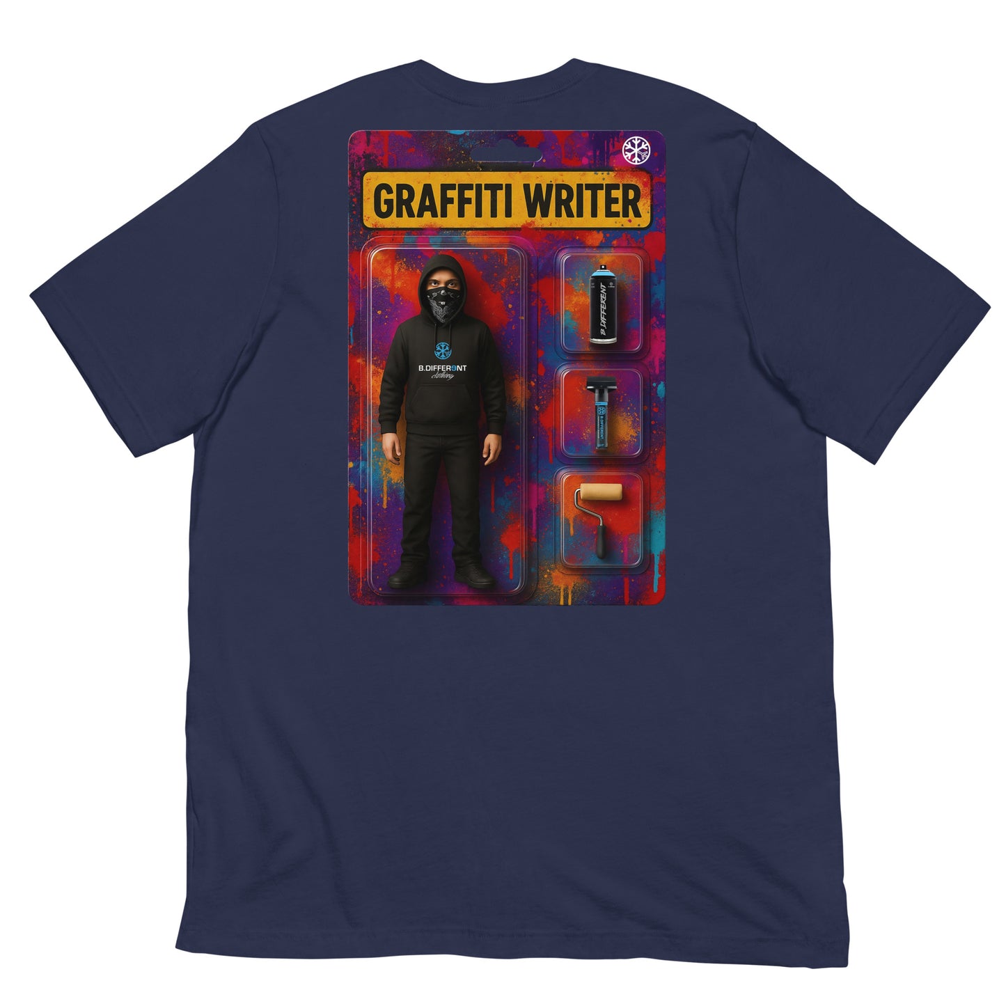 Navy-Graffiti Artist Action Figure Tee from B.Different Clothing, back view, graffiti-inspired streetwear t-shirt