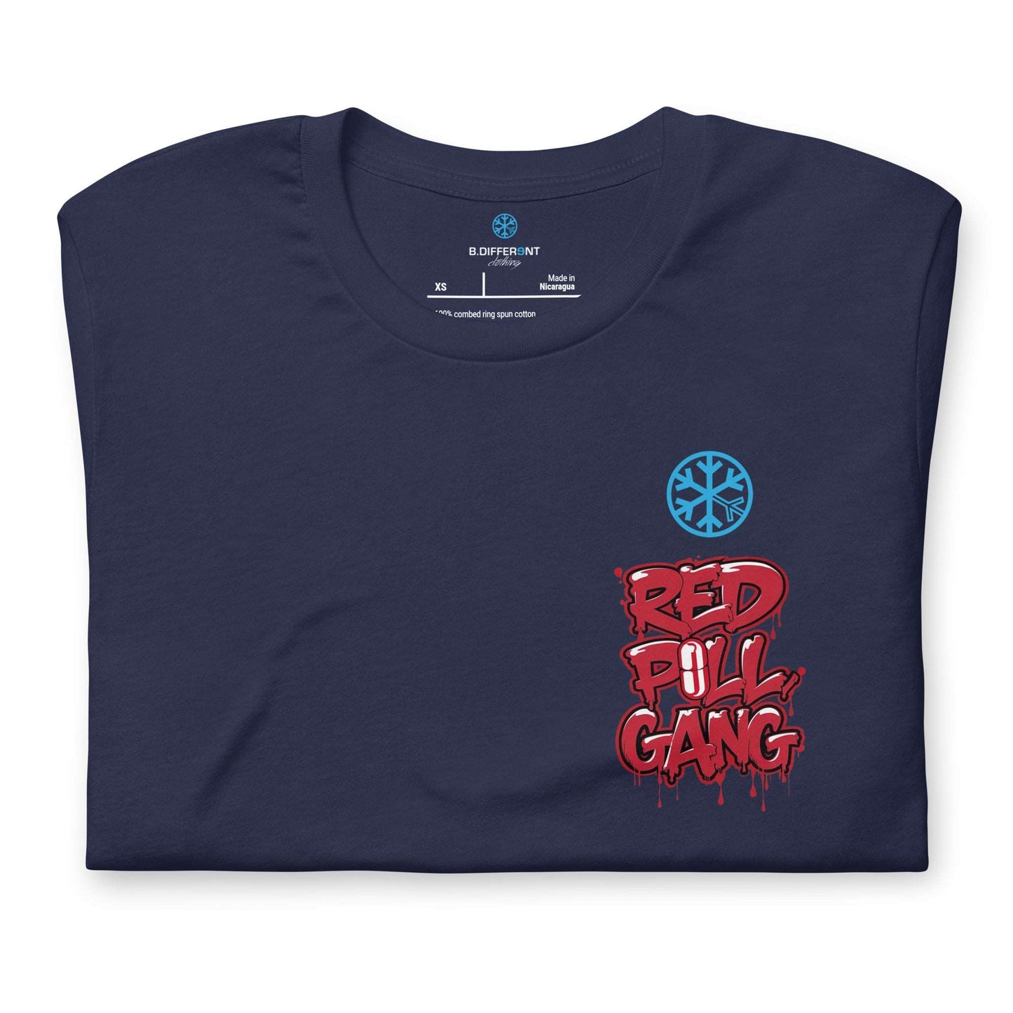 folded red pill gang tee navy B.Different Clothing graffiti street art inspired independent streetwear brand