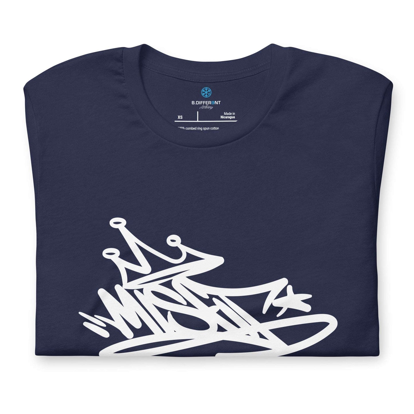 folded Misfit Graffiti Tag Tee navy B.Different Clothing graffiti street art inspired streetwear brand