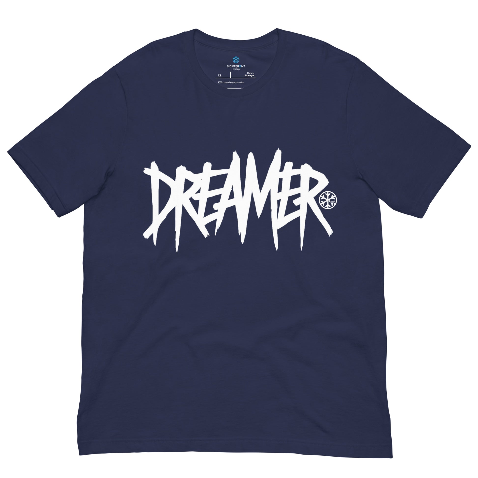 Navy-Dreamer Graffiti Tag Tee from B.Different Clothing, front view, graffiti-inspired streetwear t-shirt