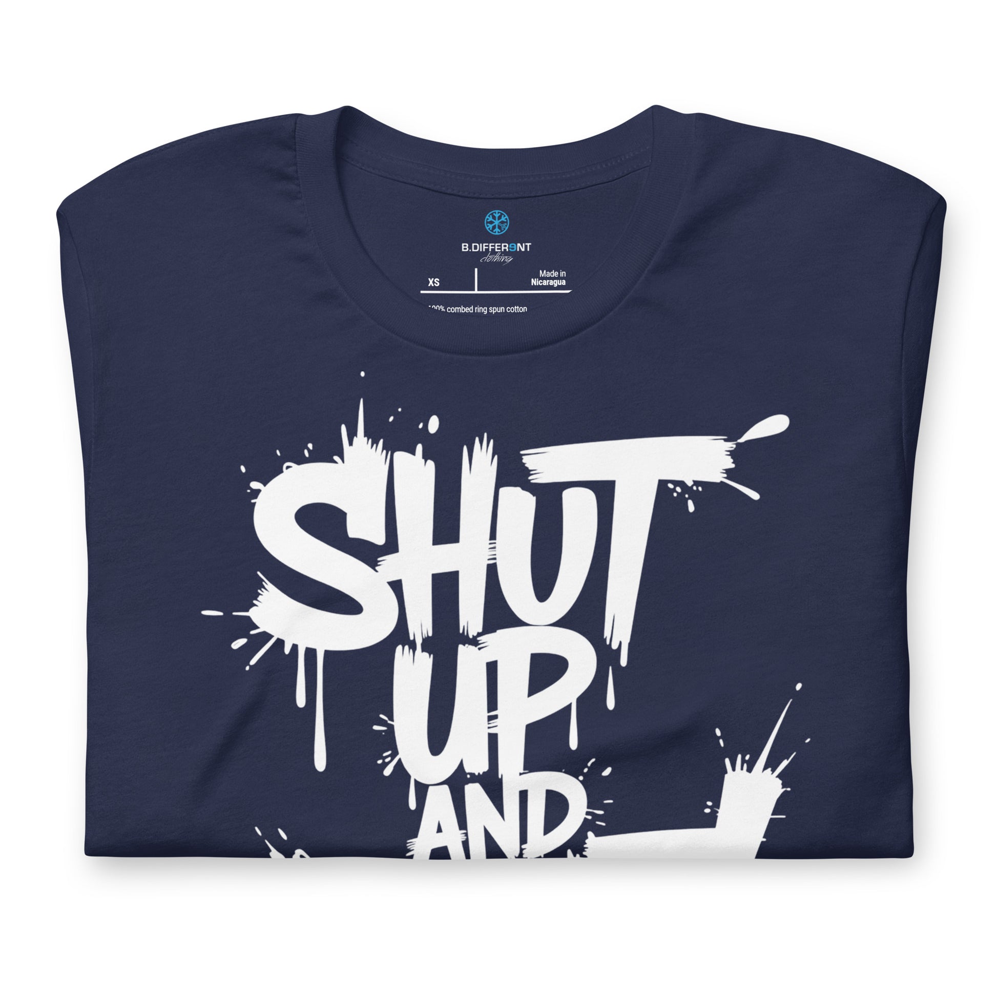 Navy-Shut Up and Paint Graffiti Tee from B.Different Clothing, folded, graffiti-inspired streetwear t-shirt