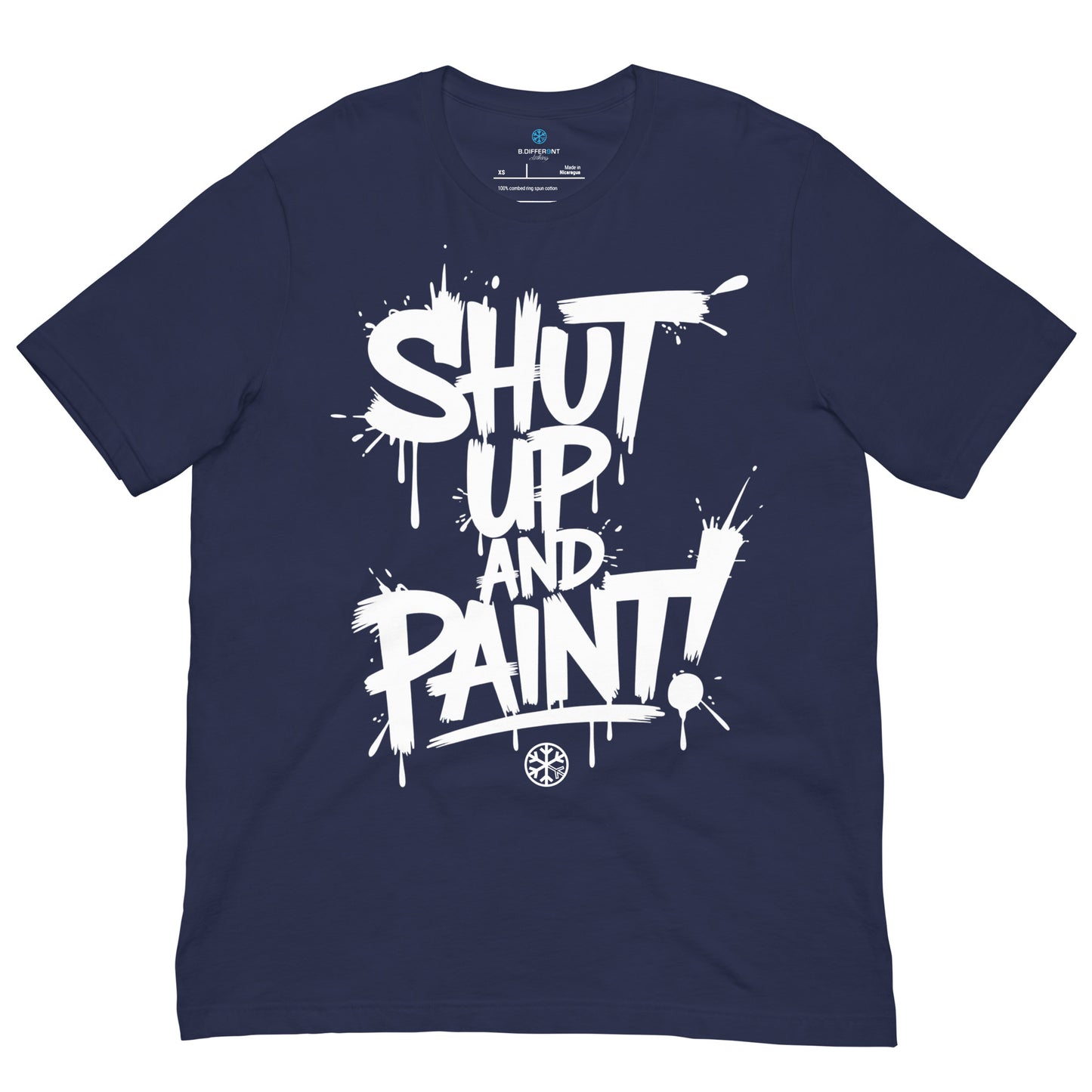 Navy-Shut Up and Paint Graffiti Tee from B.Different Clothing, front view, graffiti-inspired streetwear t-shirt