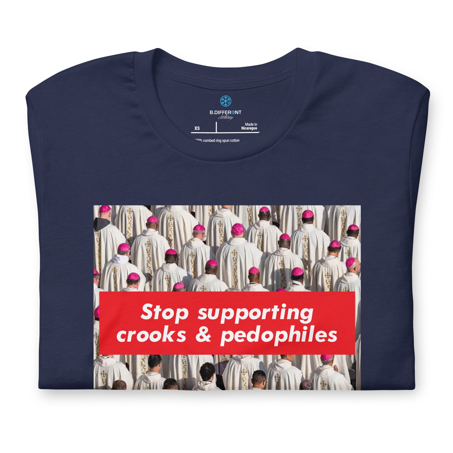 Navy-Vatican Crooks Tee from B.Different Clothing, folded, graffiti-inspired streetwear t-shirt