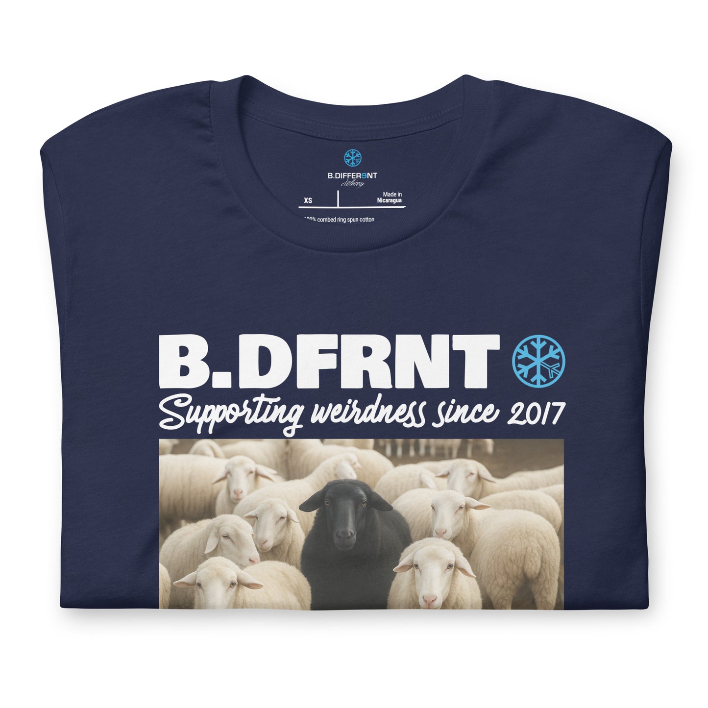Navy-Black Sheep Tee from B.Different Clothing, folded, graffiti-inspired streetwear t-shirt
