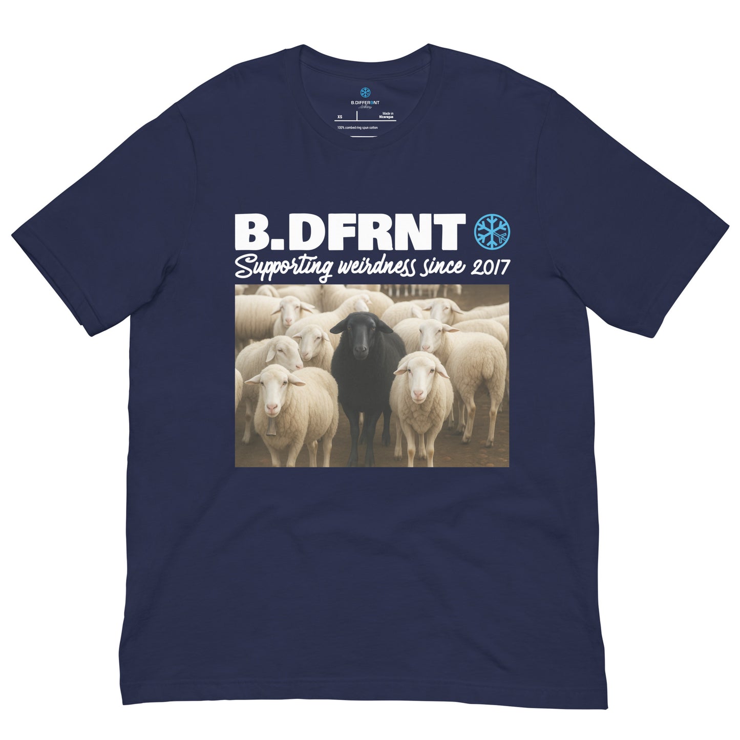 Navy-Black Sheep Tee from B.Different Clothing, front view, graffiti-inspired streetwear t-shirt
