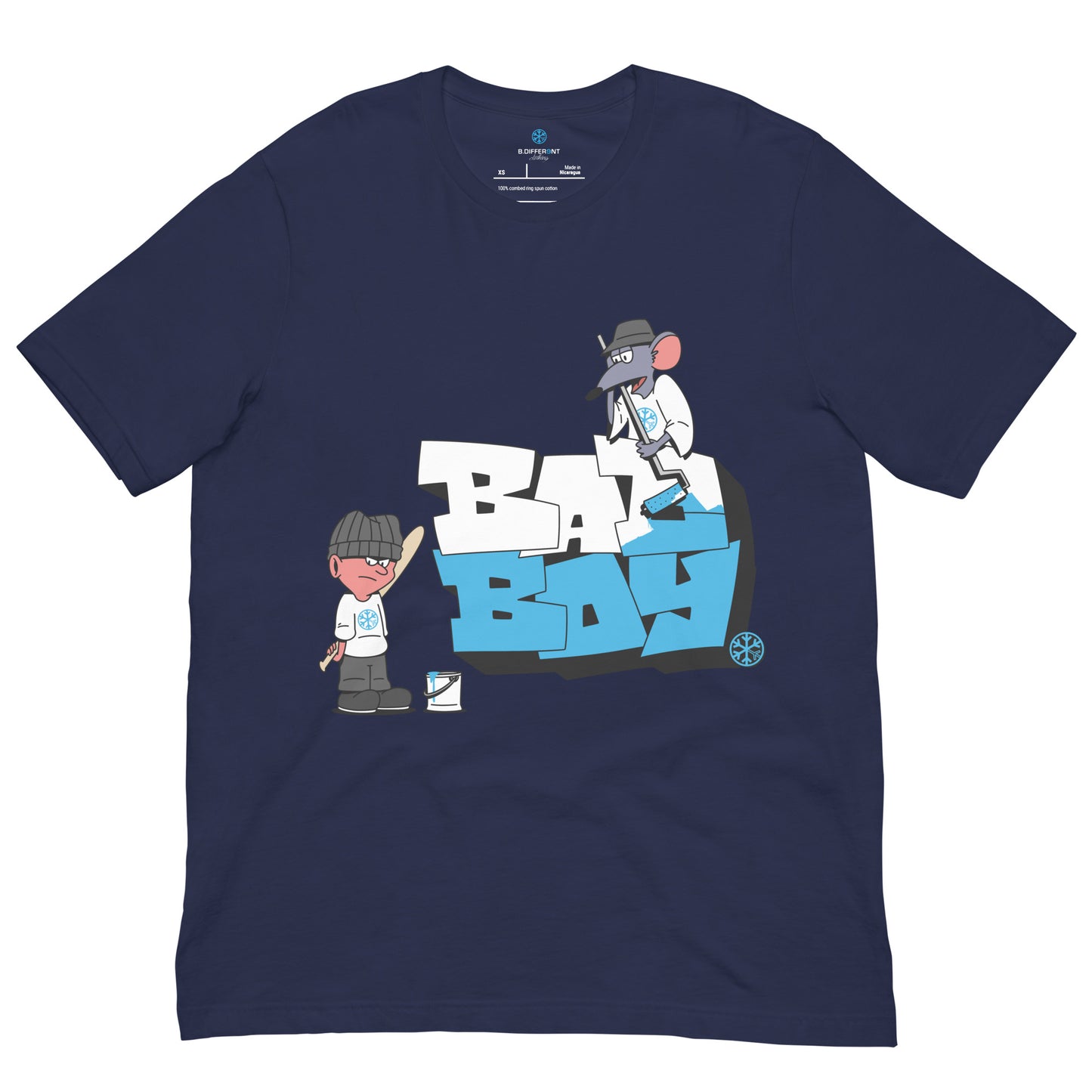 Navy-Bad Boy Graffiti Tee from B.Different Clothing, front view, graffiti-inspired streetwear t-shirt