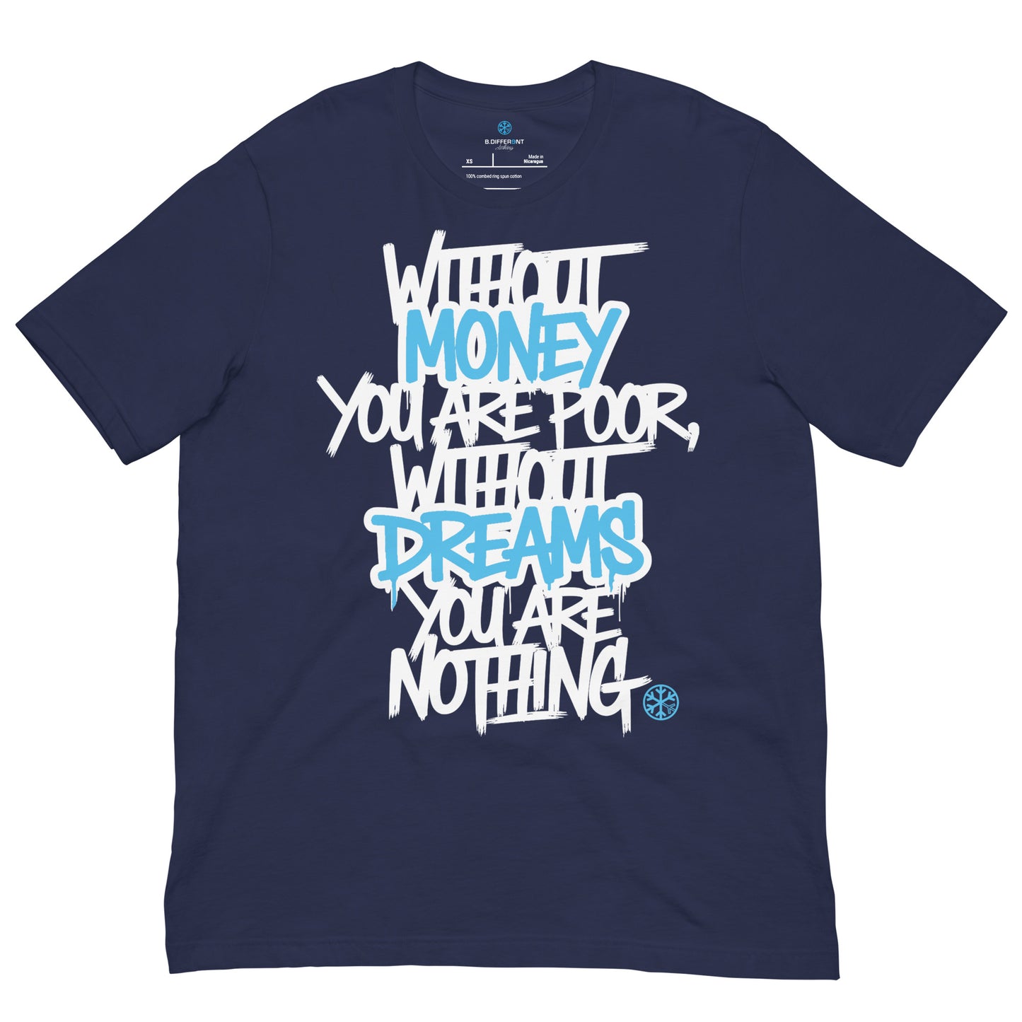 Navy-Without Dreams You Are Nothing Graffiti Tee from B.Different Clothing, front view, graffiti-inspired streetwear t-shirt