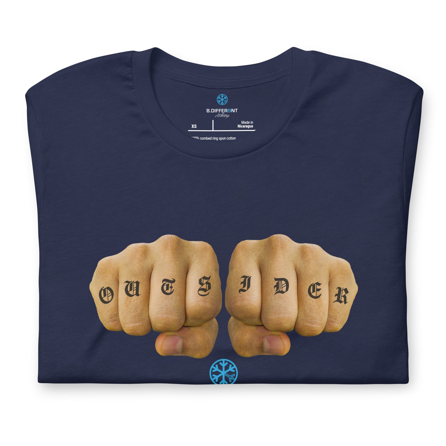 Navy-Outsider Tattoo Tee from B.Different Clothing, folded, graffiti-inspired streetwear t-shirt