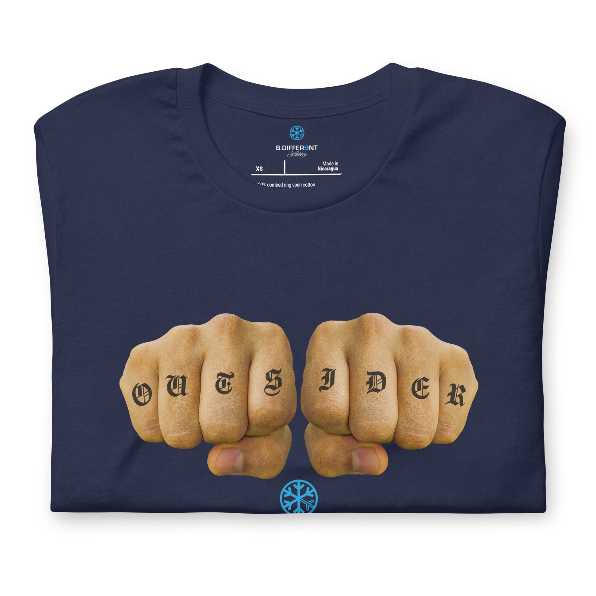 Navy-Outsider Tattoo Tee from B.Different Clothing, folded, graffiti-inspired streetwear t-shirt