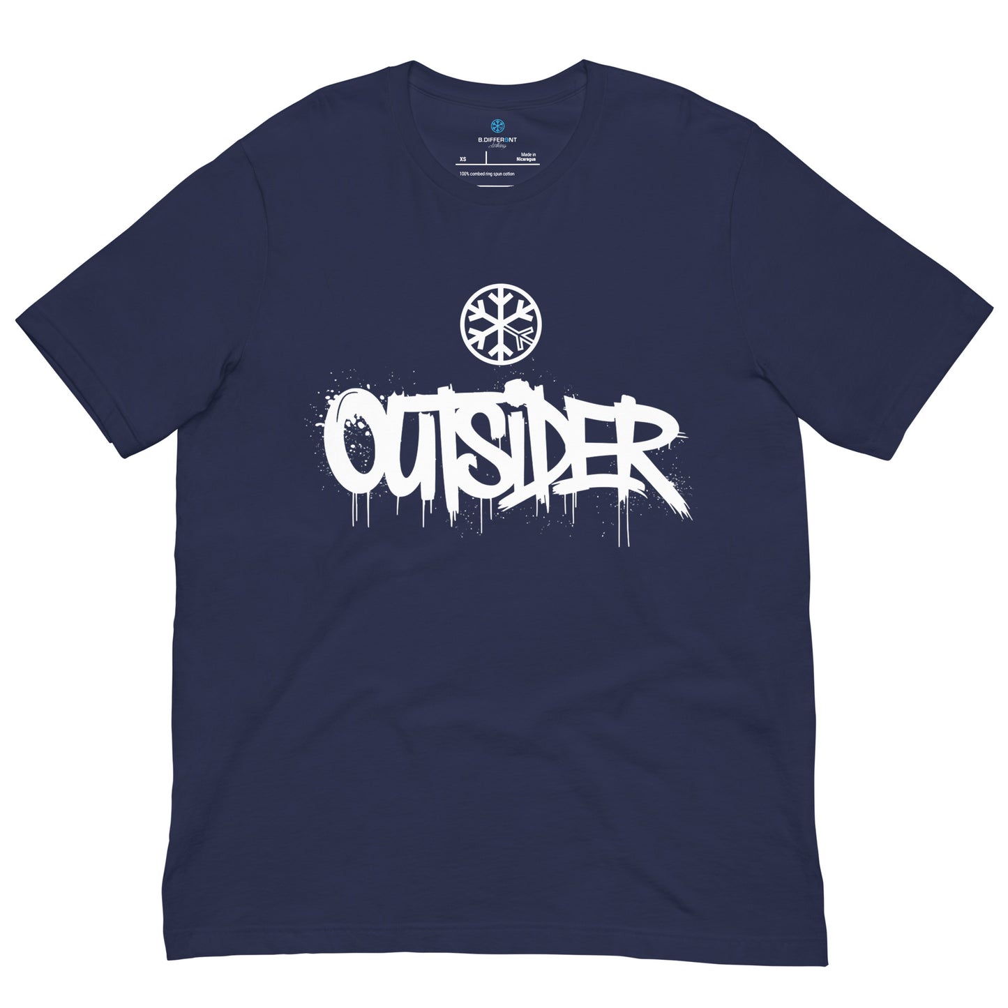 Navy-Outsider Graffiti Tag Tee from B.Different Clothing, front view, graffiti-inspired streetwear t-shirt