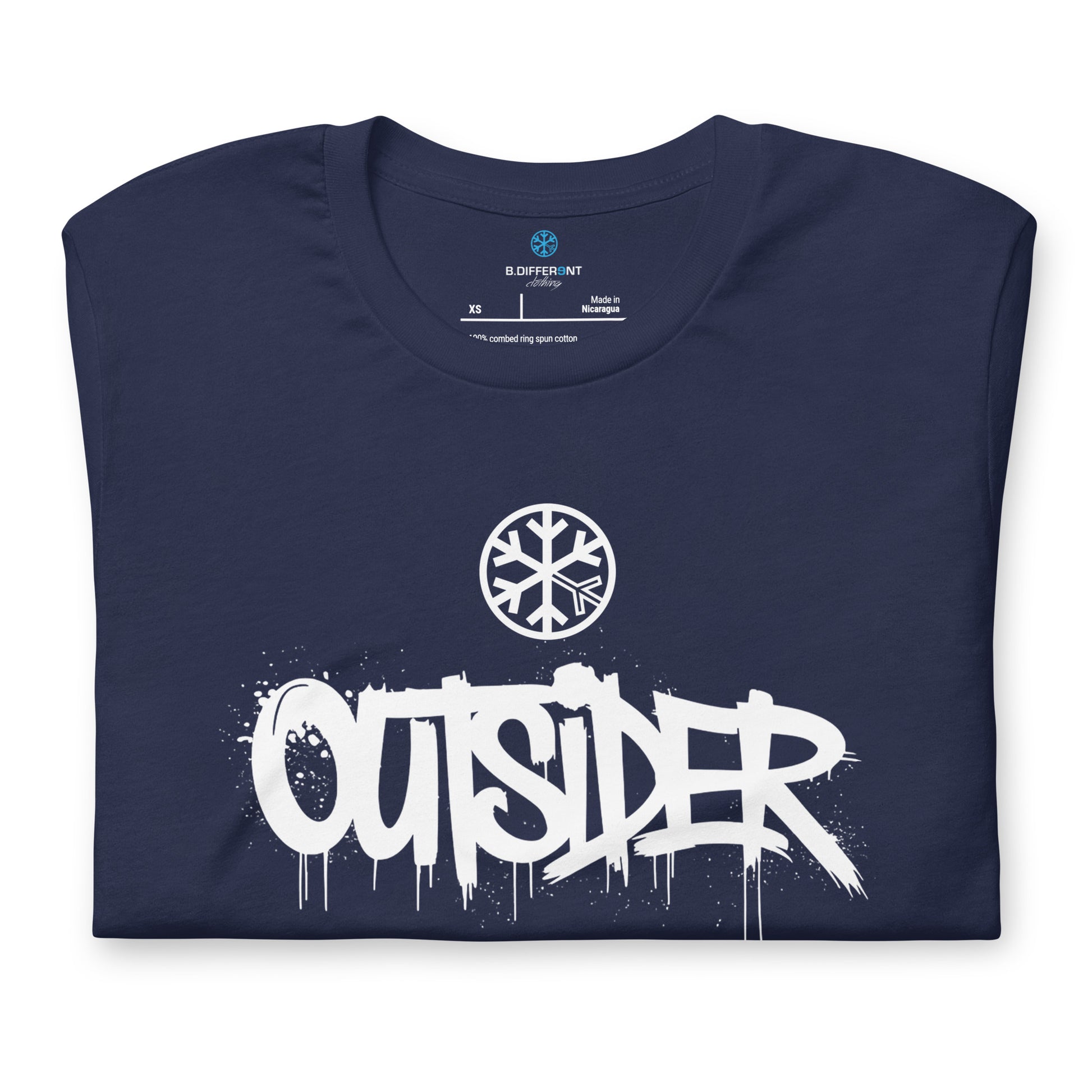 Navy-Outsider Graffiti Tag Tee from B.Different Clothing, folded, graffiti-inspired streetwear t-shirt