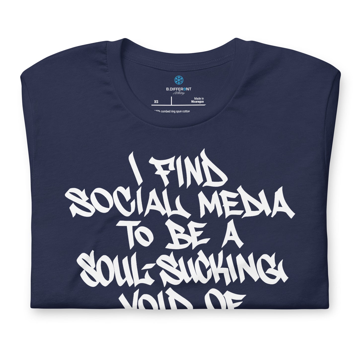 Navy-Social Media Graffiti Tag Tee from B.Different Clothing, folded, graffiti-inspired streetwear t-shirt