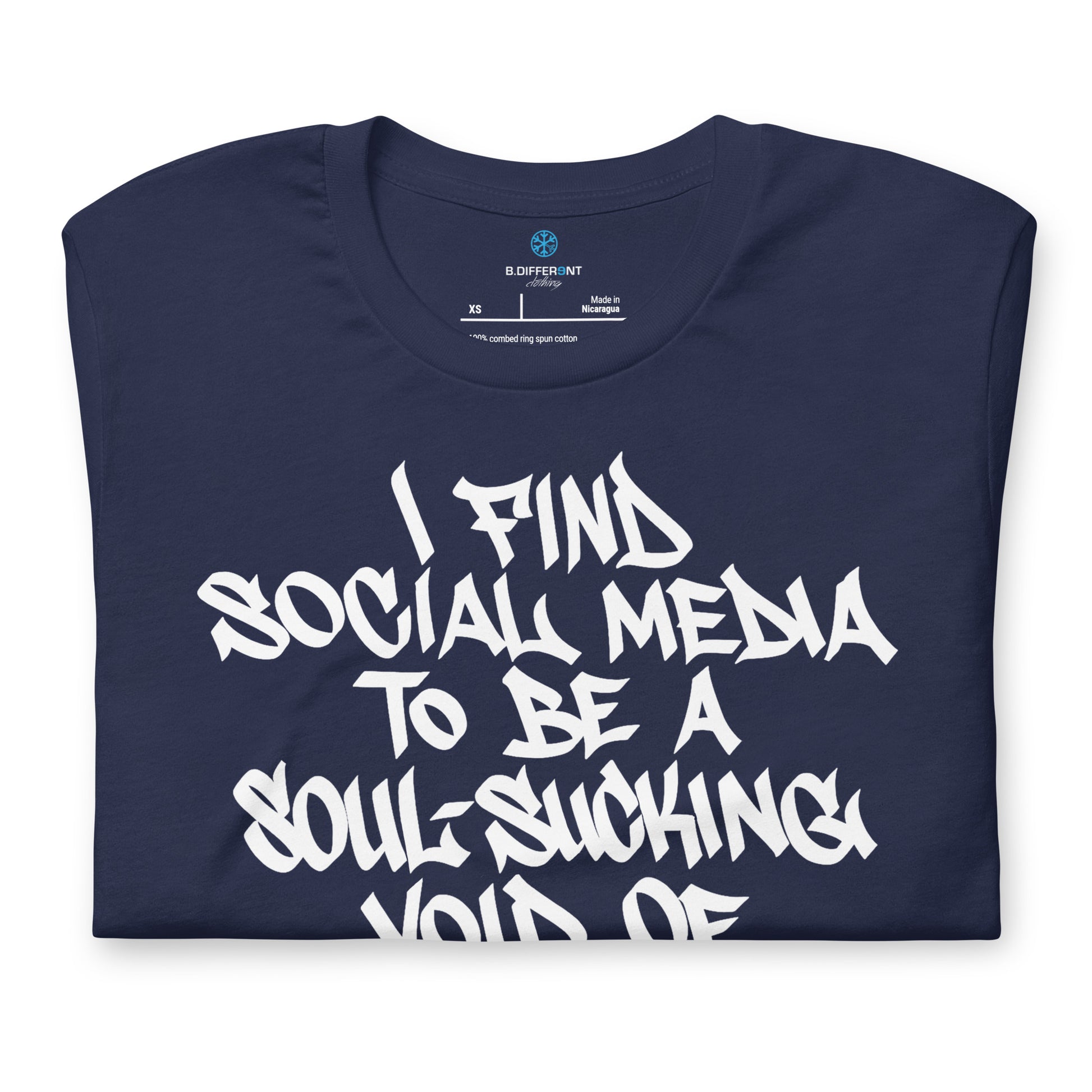 Navy-Social Media Graffiti Tag Tee from B.Different Clothing, folded, graffiti-inspired streetwear t-shirt