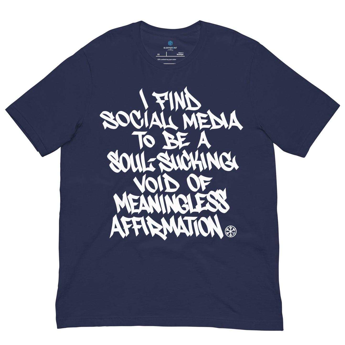 Navy-Social Media Graffiti Tag Tee from B.Different Clothing, front view, graffiti-inspired streetwear t-shirt